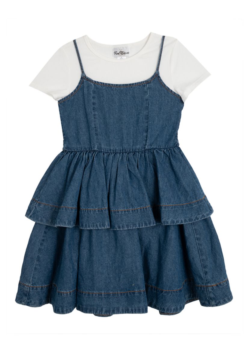 Girls 7-16 Short Sleeve Tiered Denim Jumper Dress