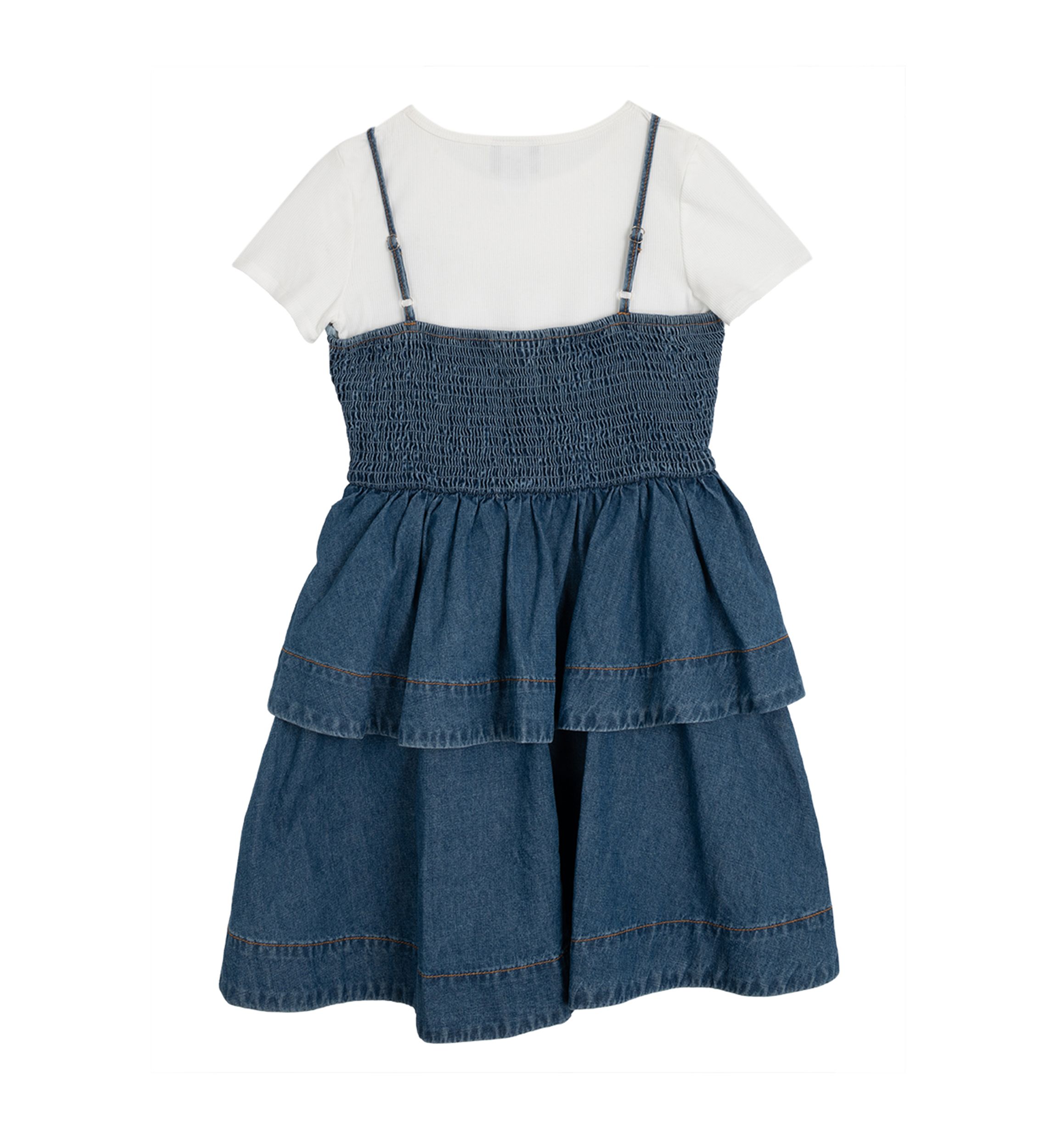 Girls 7-16 Short Sleeve Tiered Denim Jumper Dress