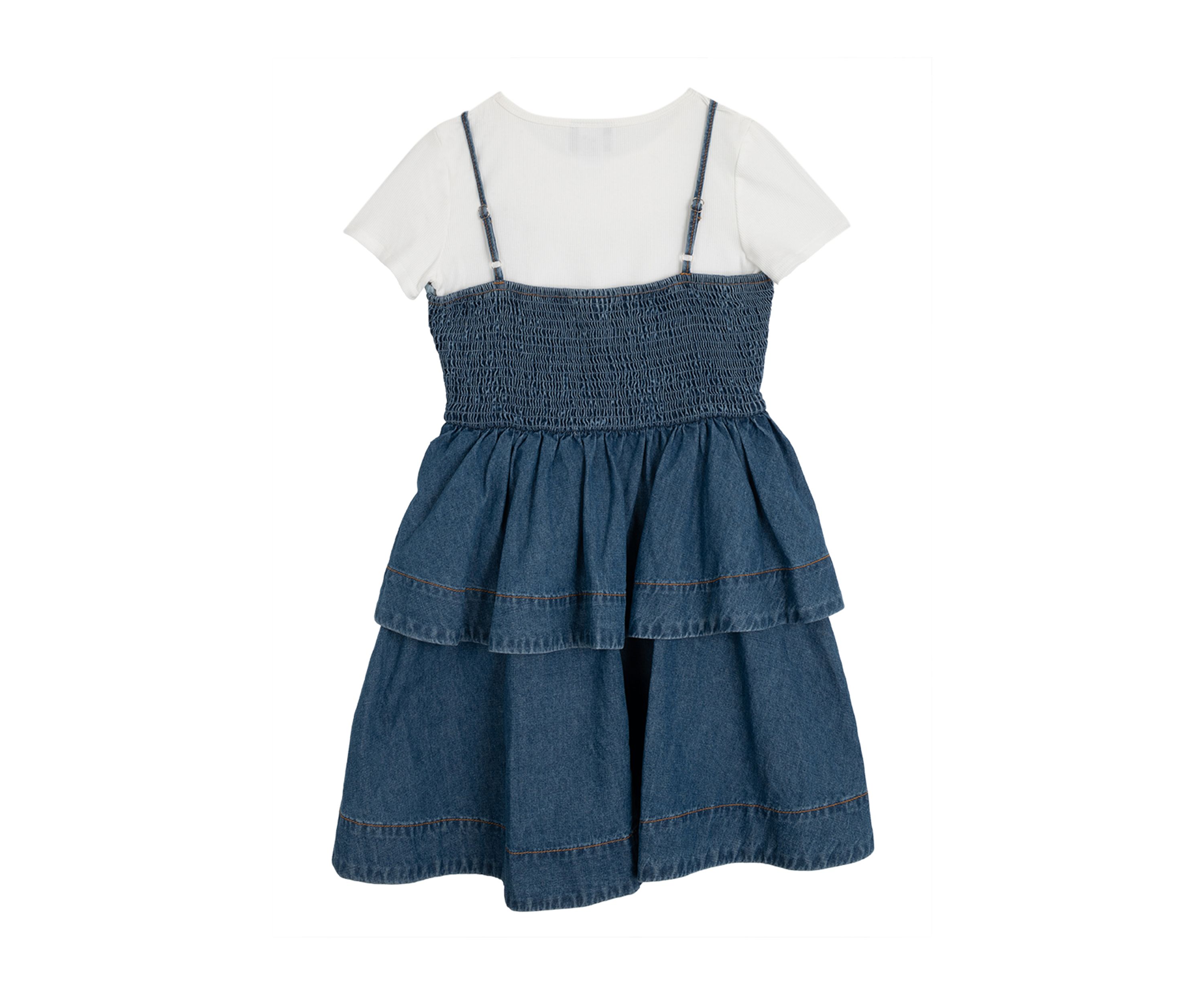 Girls 7-16 Short Sleeve Tiered Denim Jumper Dress