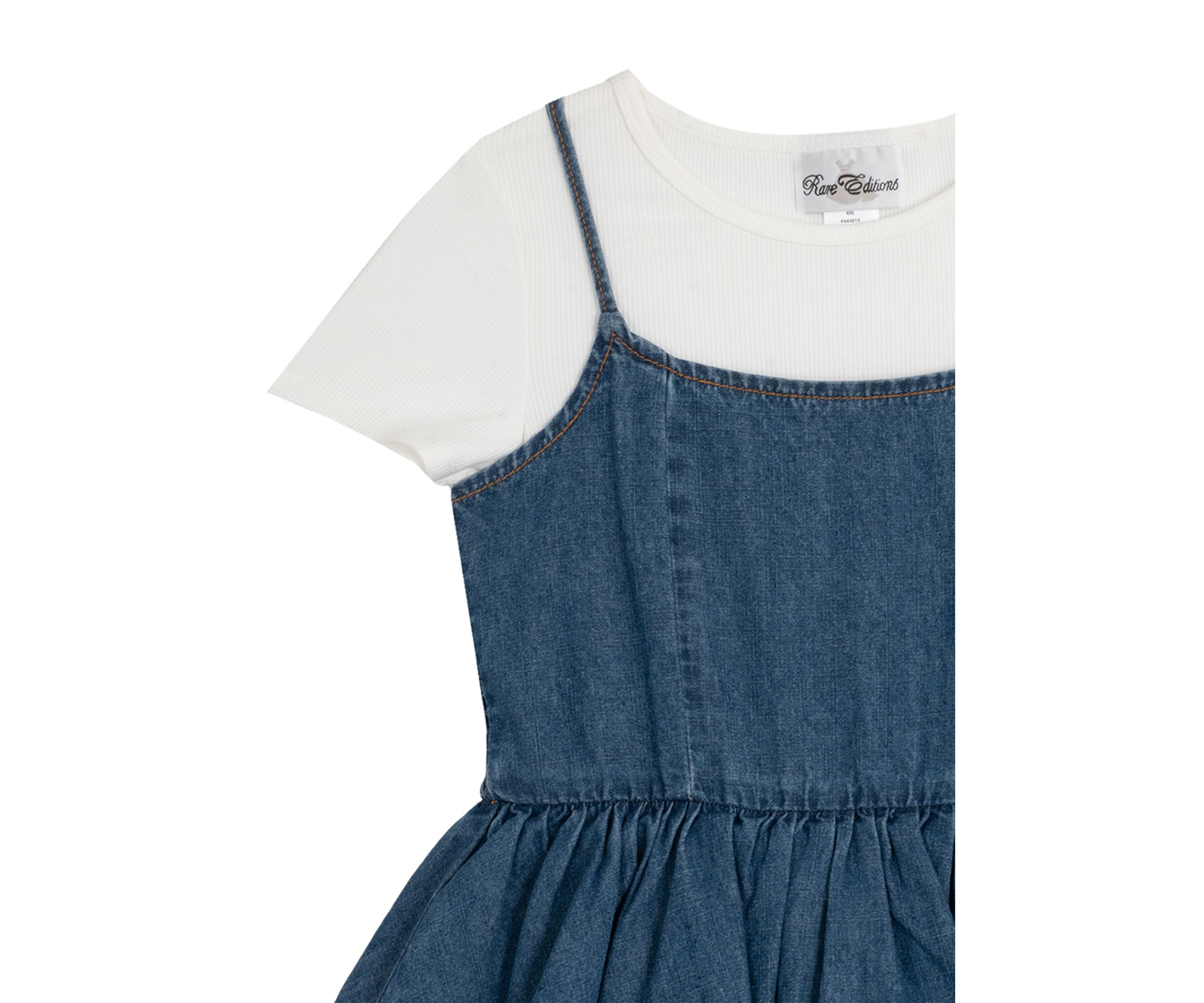 Girls 7-16 Short Sleeve Tiered Denim Jumper Dress
