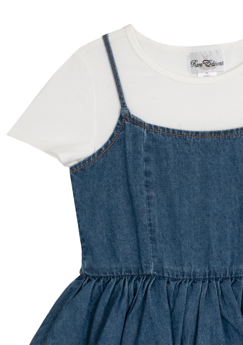 Girls 7-16 Short Sleeve Tiered Denim Jumper Dress
