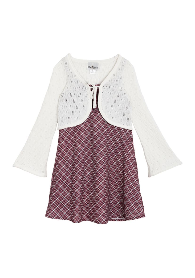 Girls 7-16 Cardigan and Plaid Printed Dress Set
