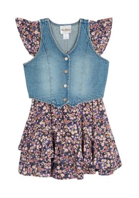 Rare Editions Girls 7-16 Printed Challis Wrap Dress with Denim Vest