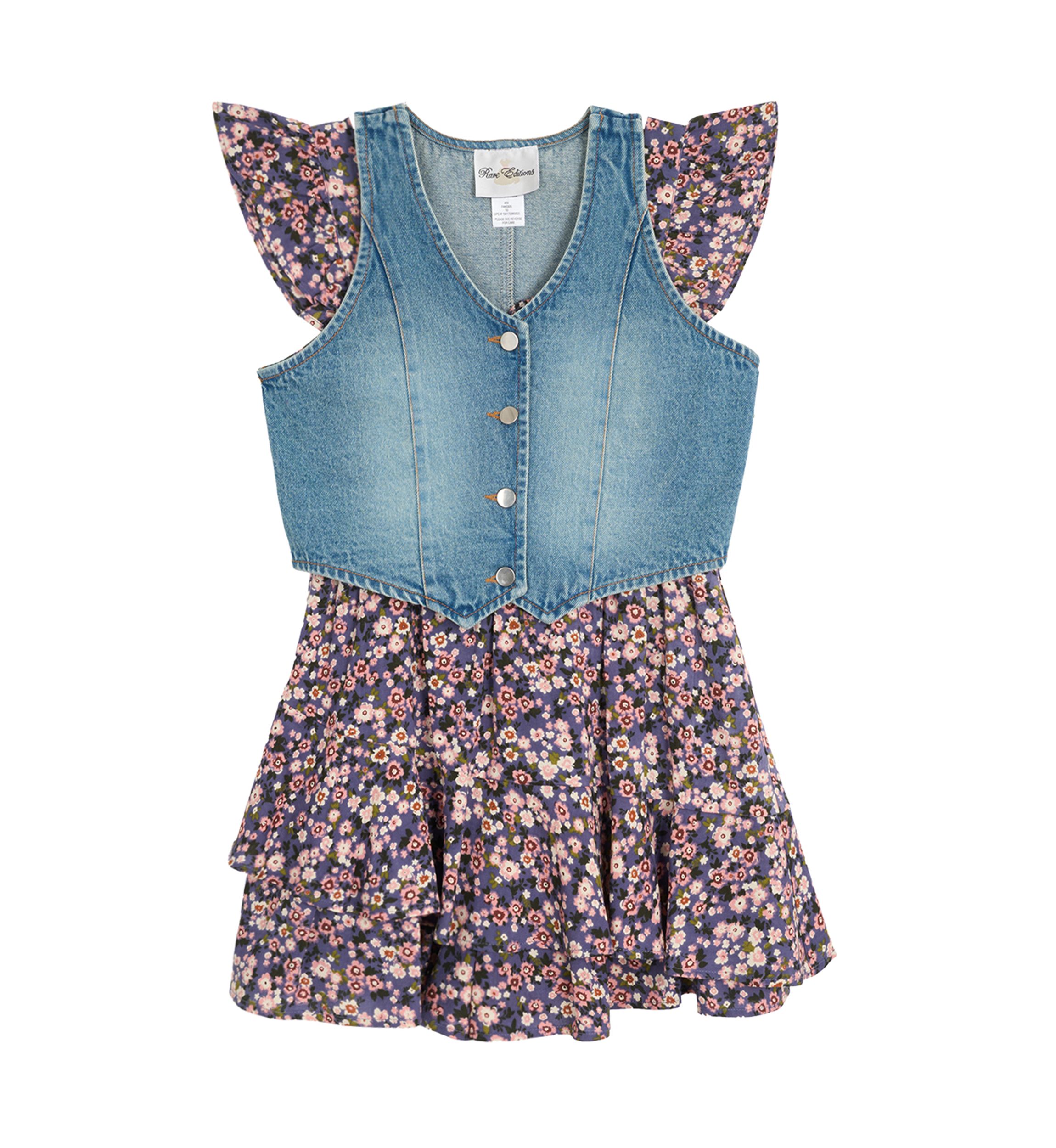 Girls 7-16 Printed Challis Wrap Dress with Denim Vest