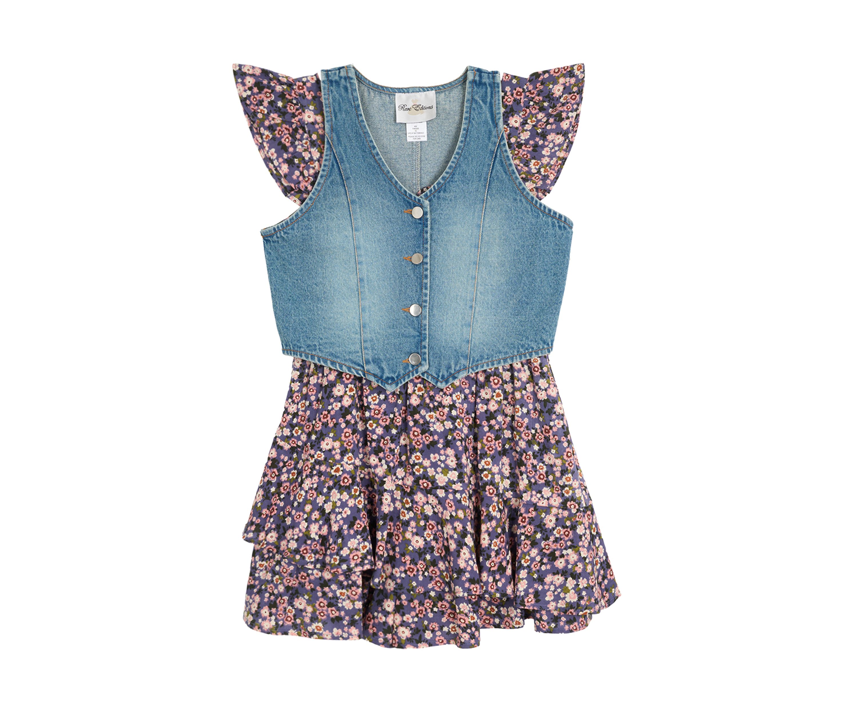 Girls 7-16 Printed Challis Wrap Dress with Denim Vest