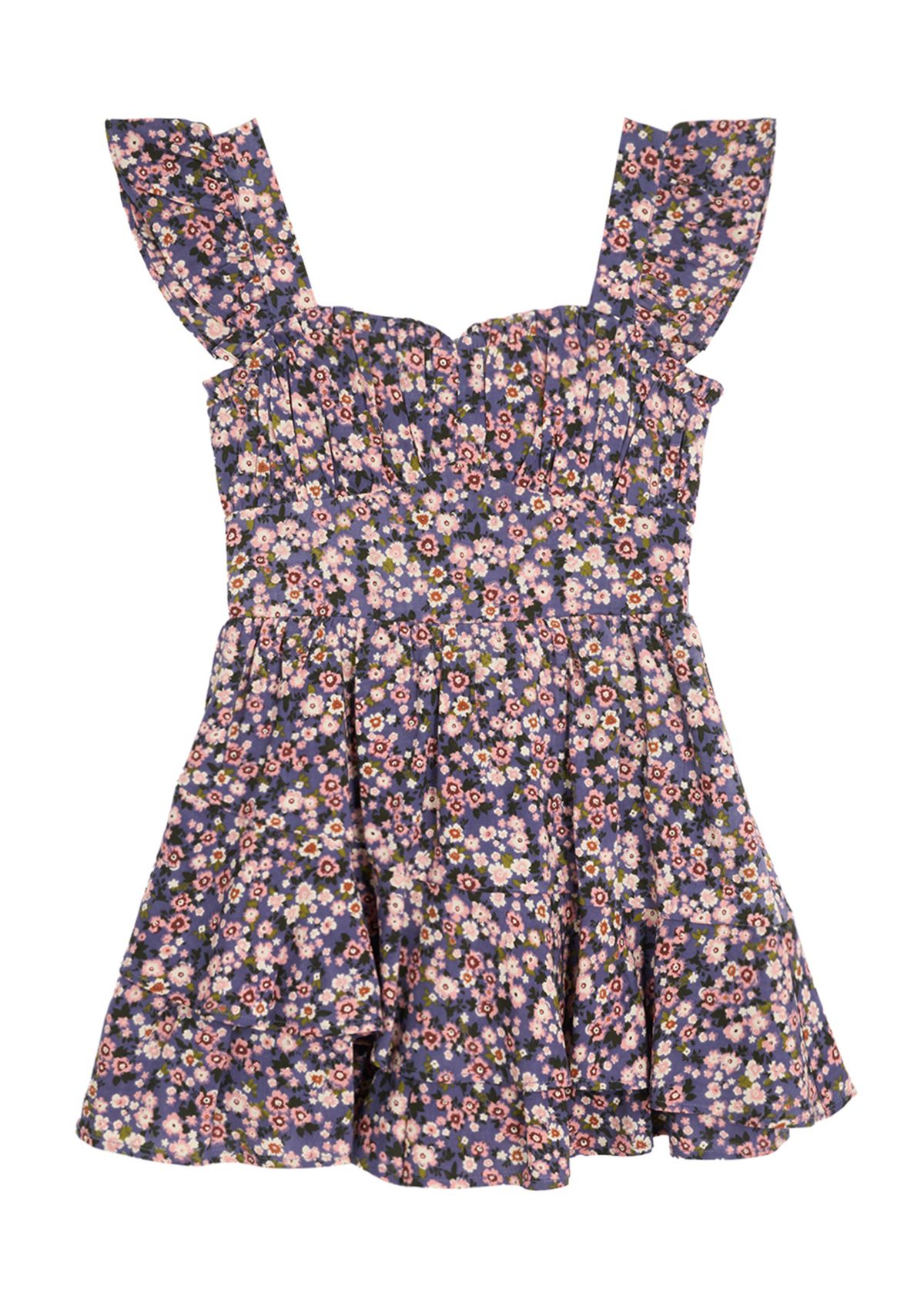 Girls 7-16 Printed Challis Wrap Dress with Denim Vest
