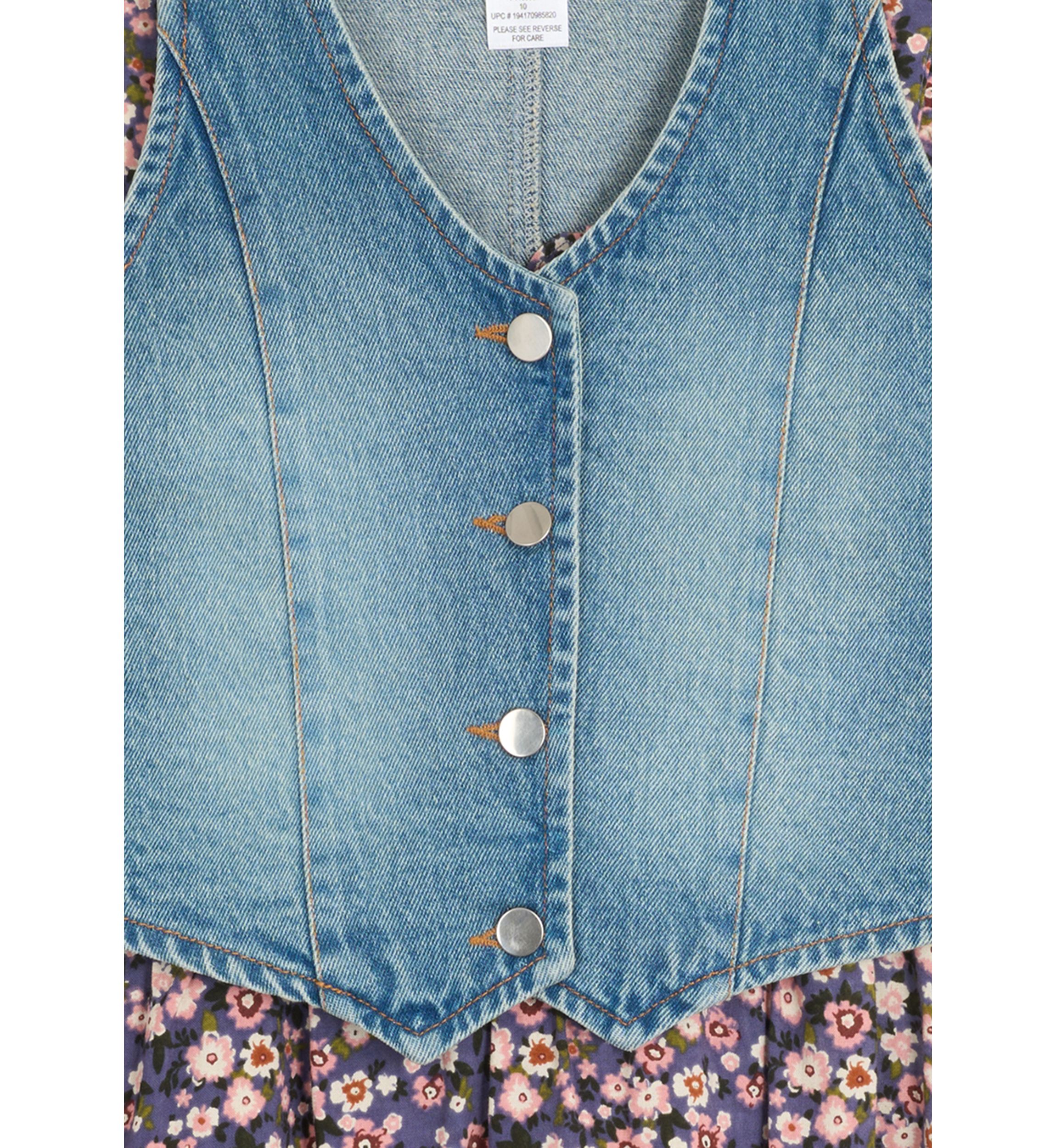 Girls 7-16 Printed Challis Wrap Dress with Denim Vest