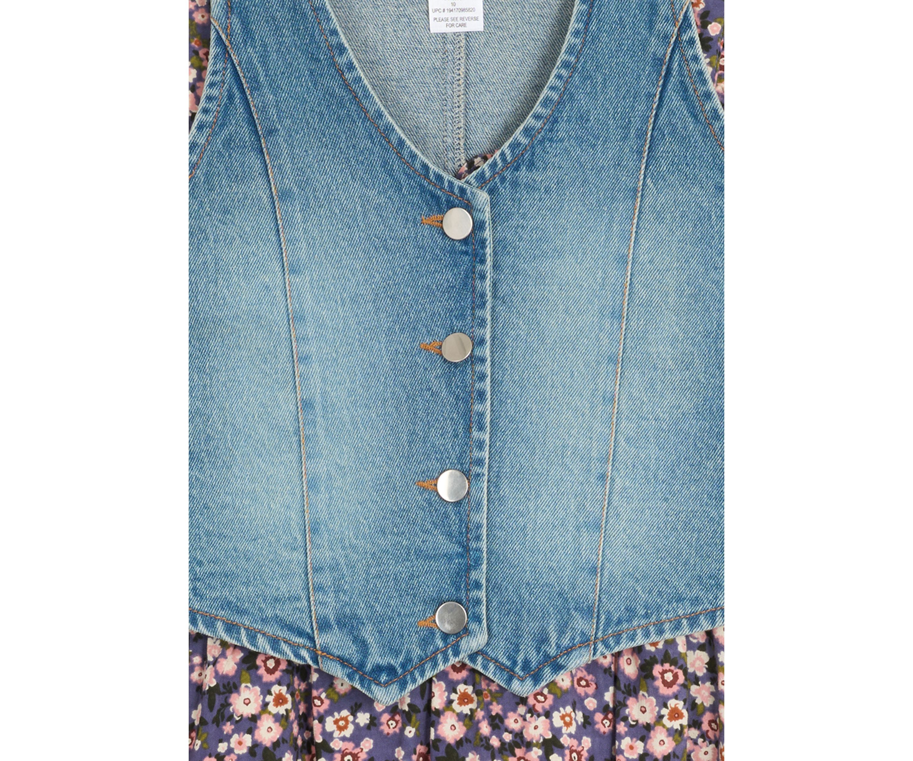 Girls 7-16 Printed Challis Wrap Dress with Denim Vest