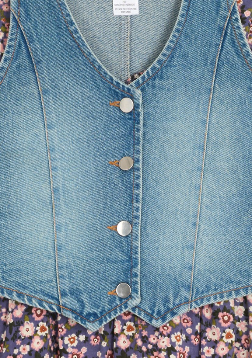 Girls 7-16 Printed Challis Wrap Dress with Denim Vest