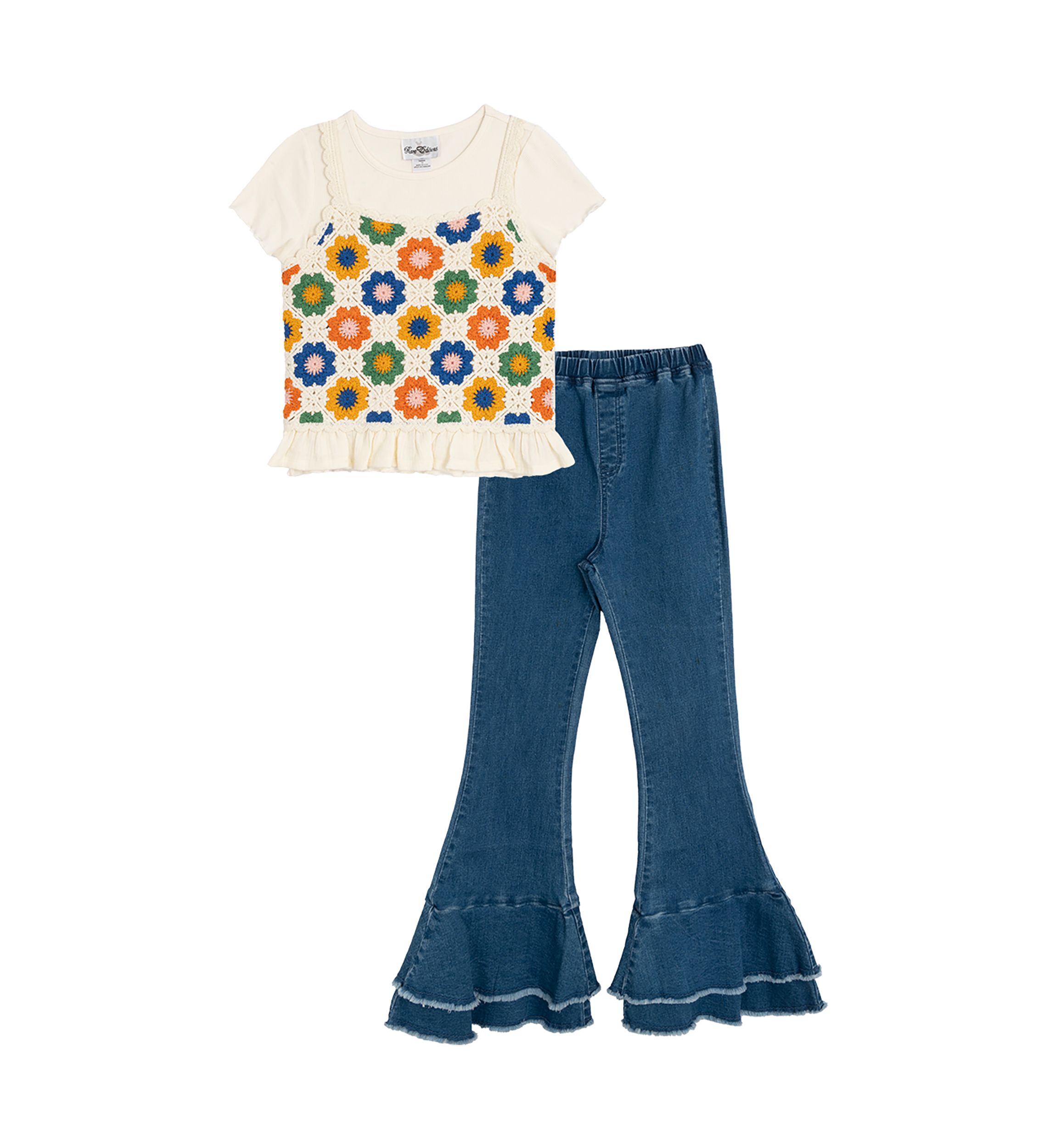 Girls 7-16 Crochet Knit T-Shirt and Flared Pants Set