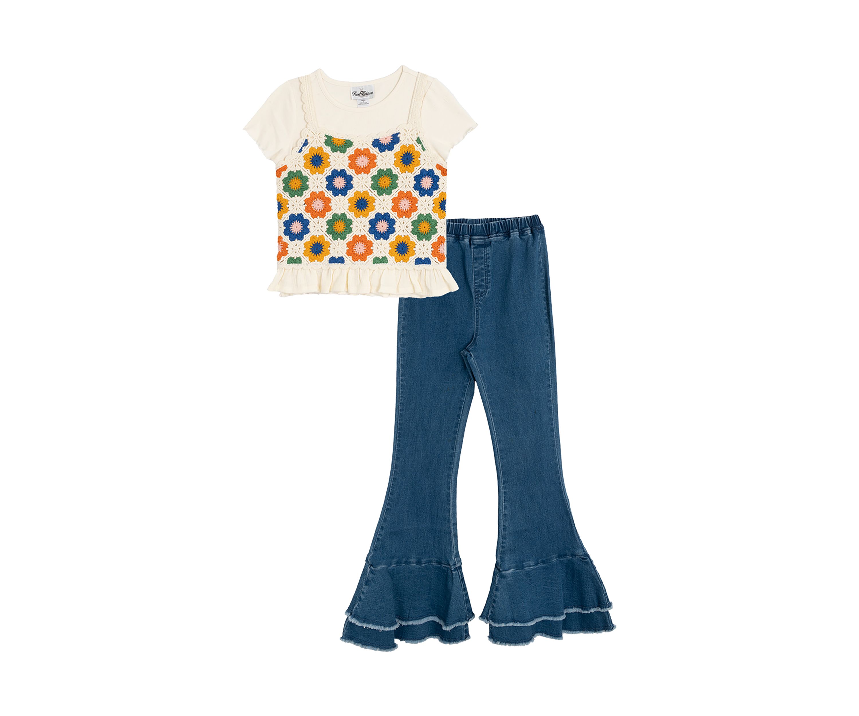 Girls 7-16 Crochet Knit T-Shirt and Flared Pants Set