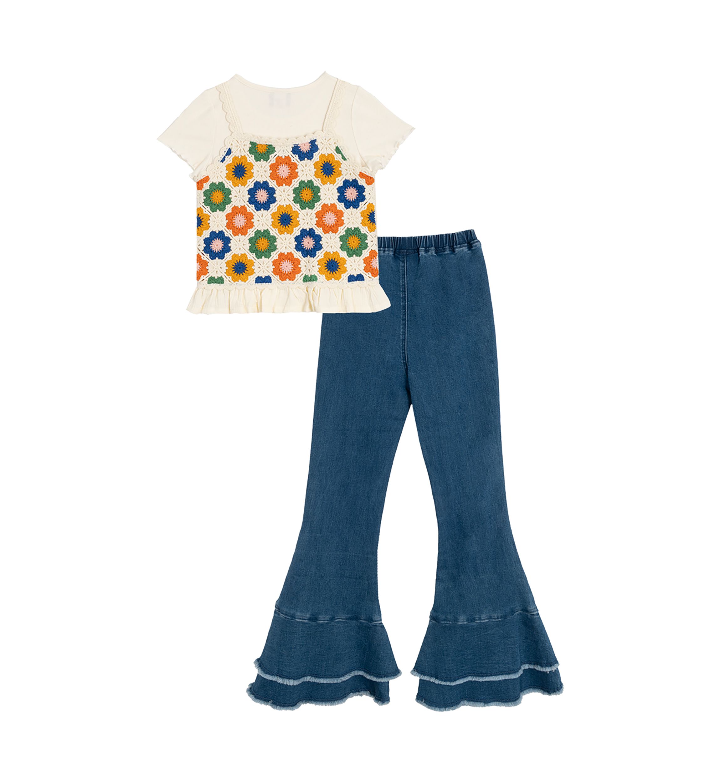 Girls 7-16 Crochet Knit T-Shirt and Flared Pants Set