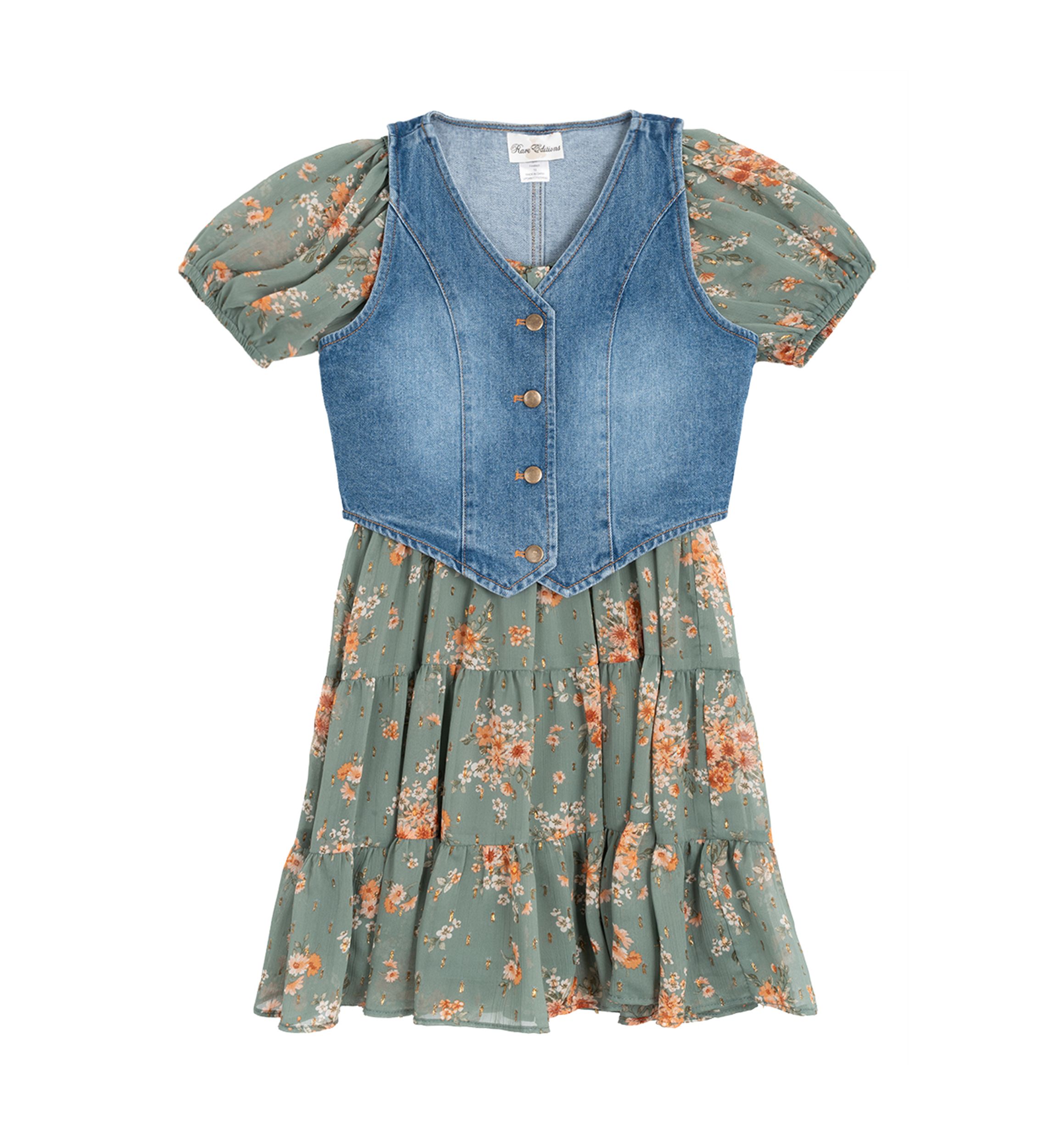 Girls 7-16 Printed Puff Sleeve Dress and Denim Vest Set 