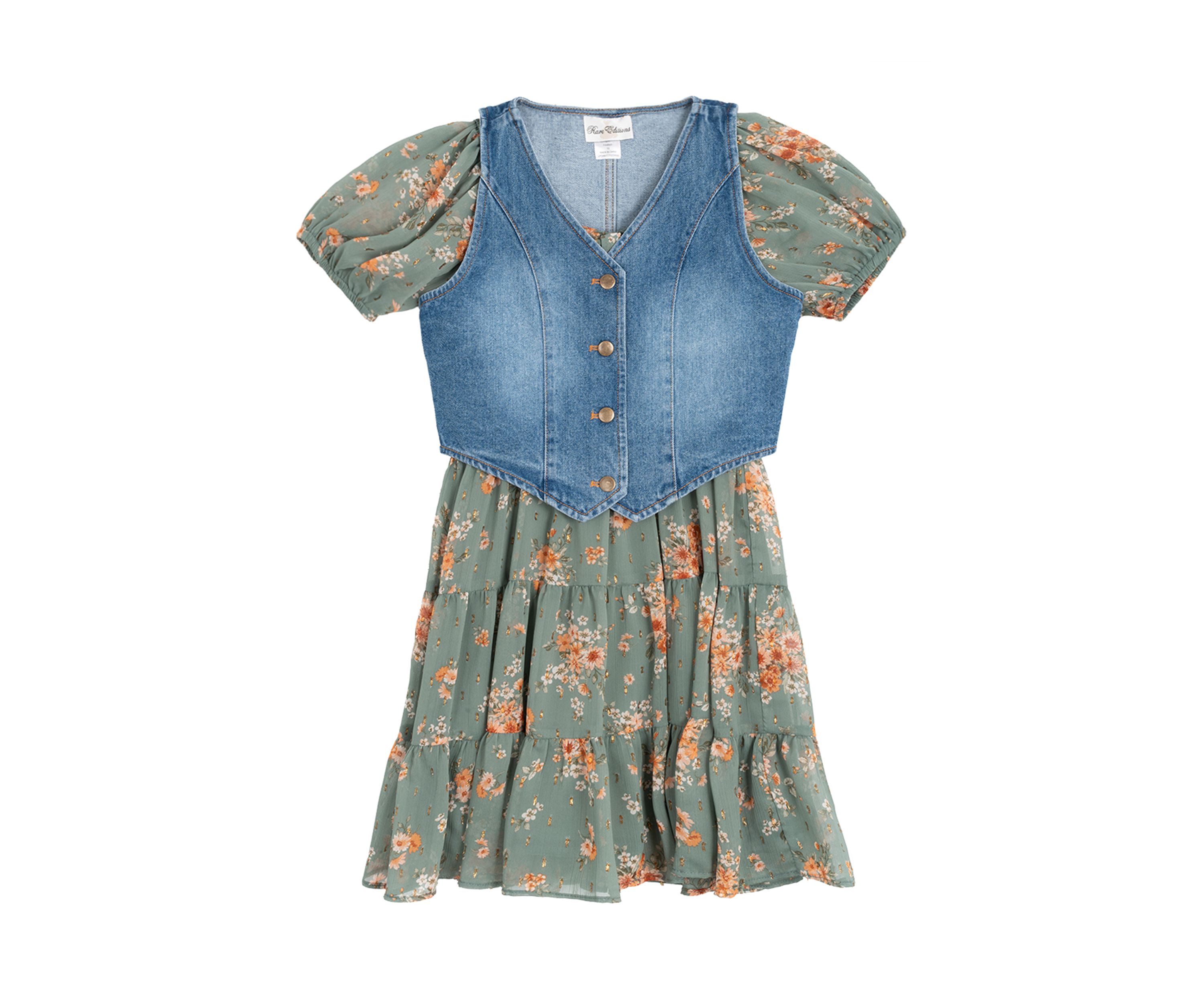 Girls 7-16 Printed Puff Sleeve Dress and Denim Vest Set 