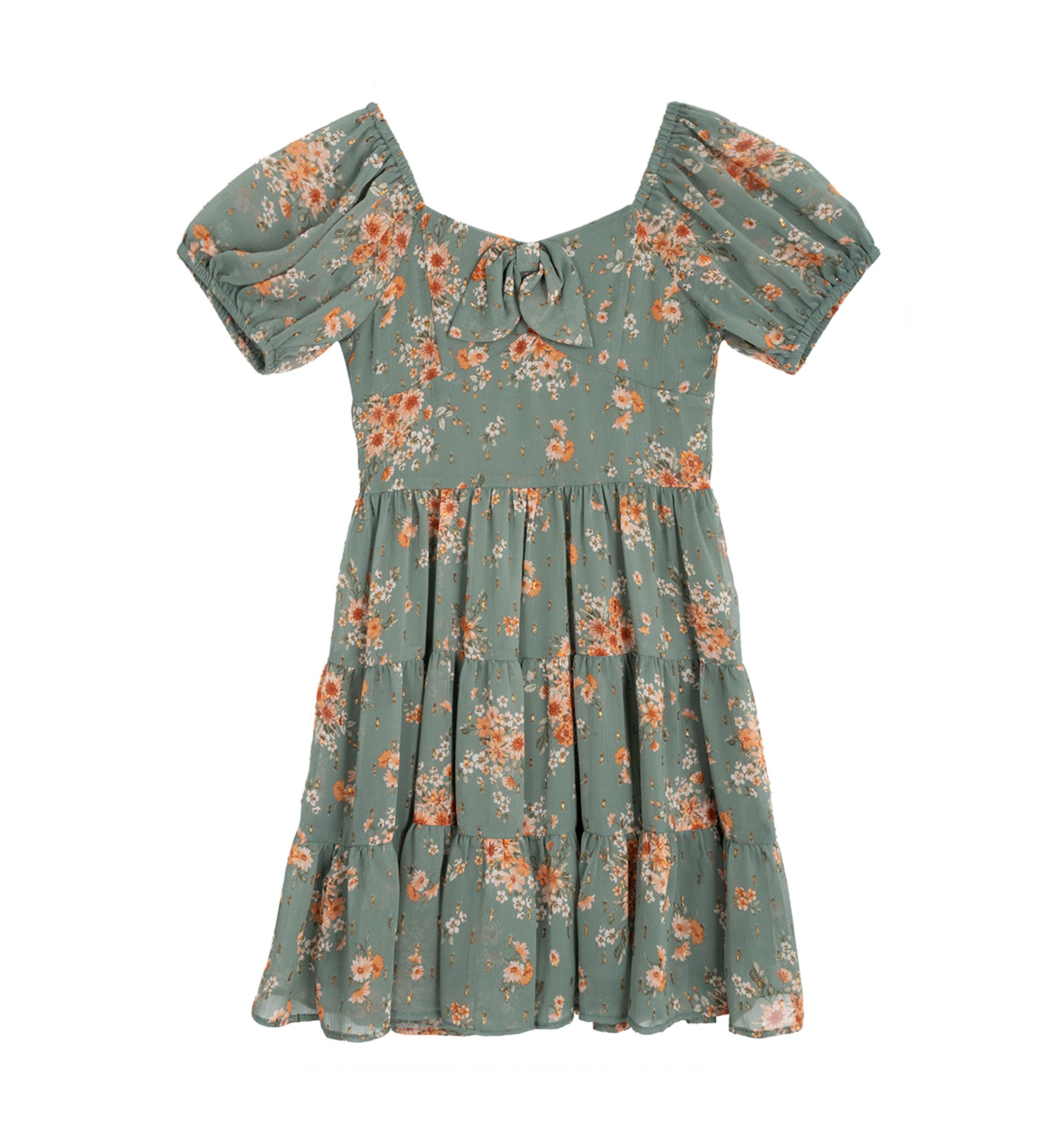 Girls 7-16 Printed Puff Sleeve Dress and Denim Vest Set 