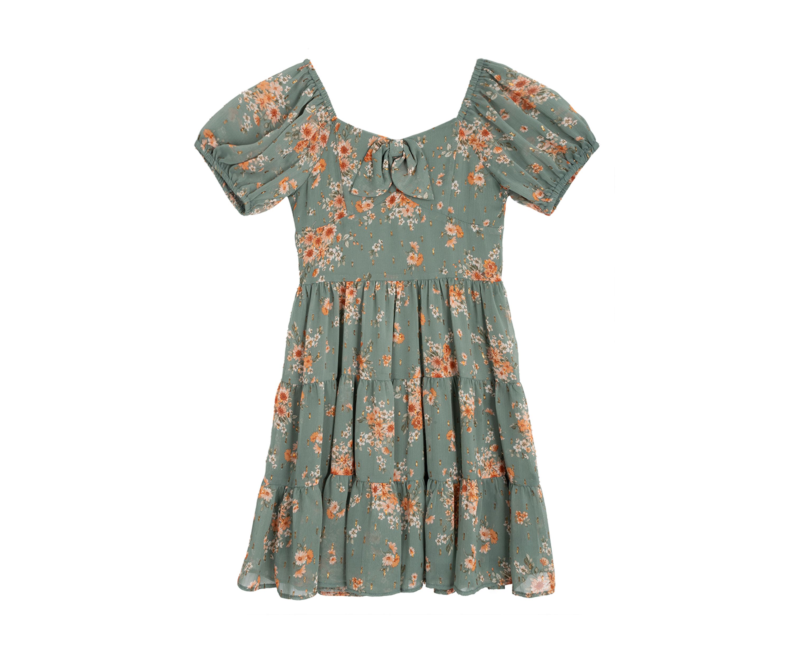 Girls 7-16 Printed Puff Sleeve Dress and Denim Vest Set 