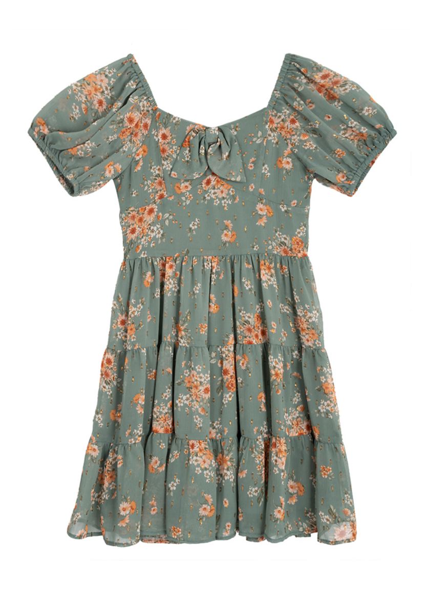 Girls 7-16 Printed Puff Sleeve Dress and Denim Vest Set 