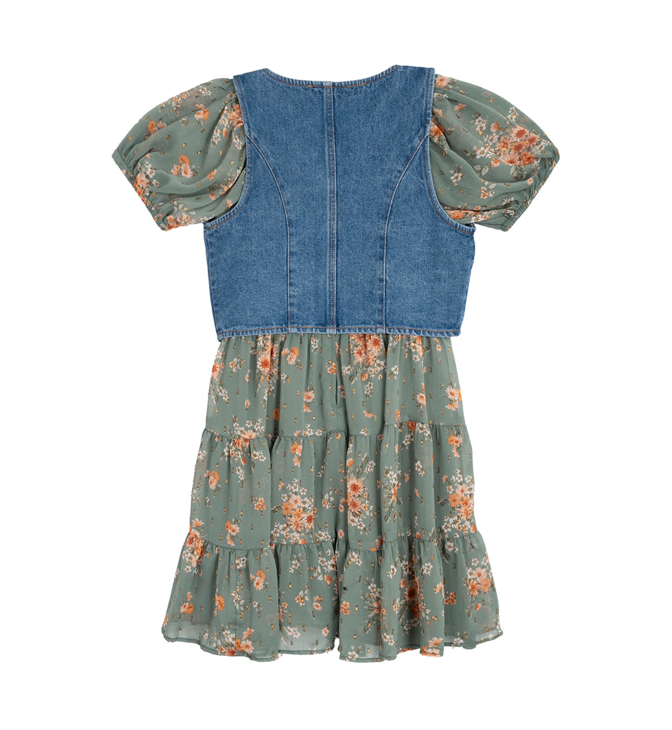 Girls 7-16 Printed Puff Sleeve Dress and Denim Vest Set 