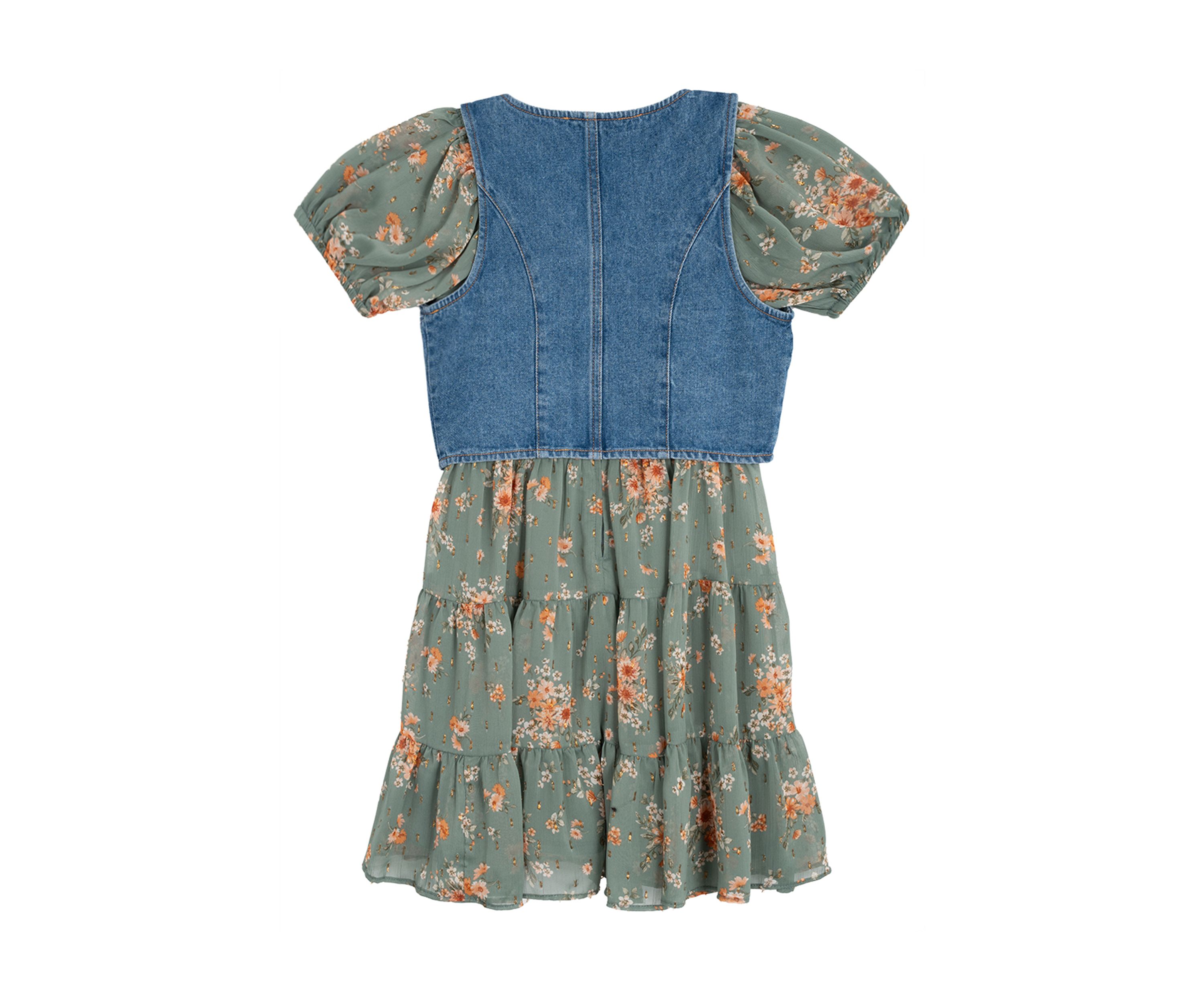 Girls 7-16 Printed Puff Sleeve Dress and Denim Vest Set 