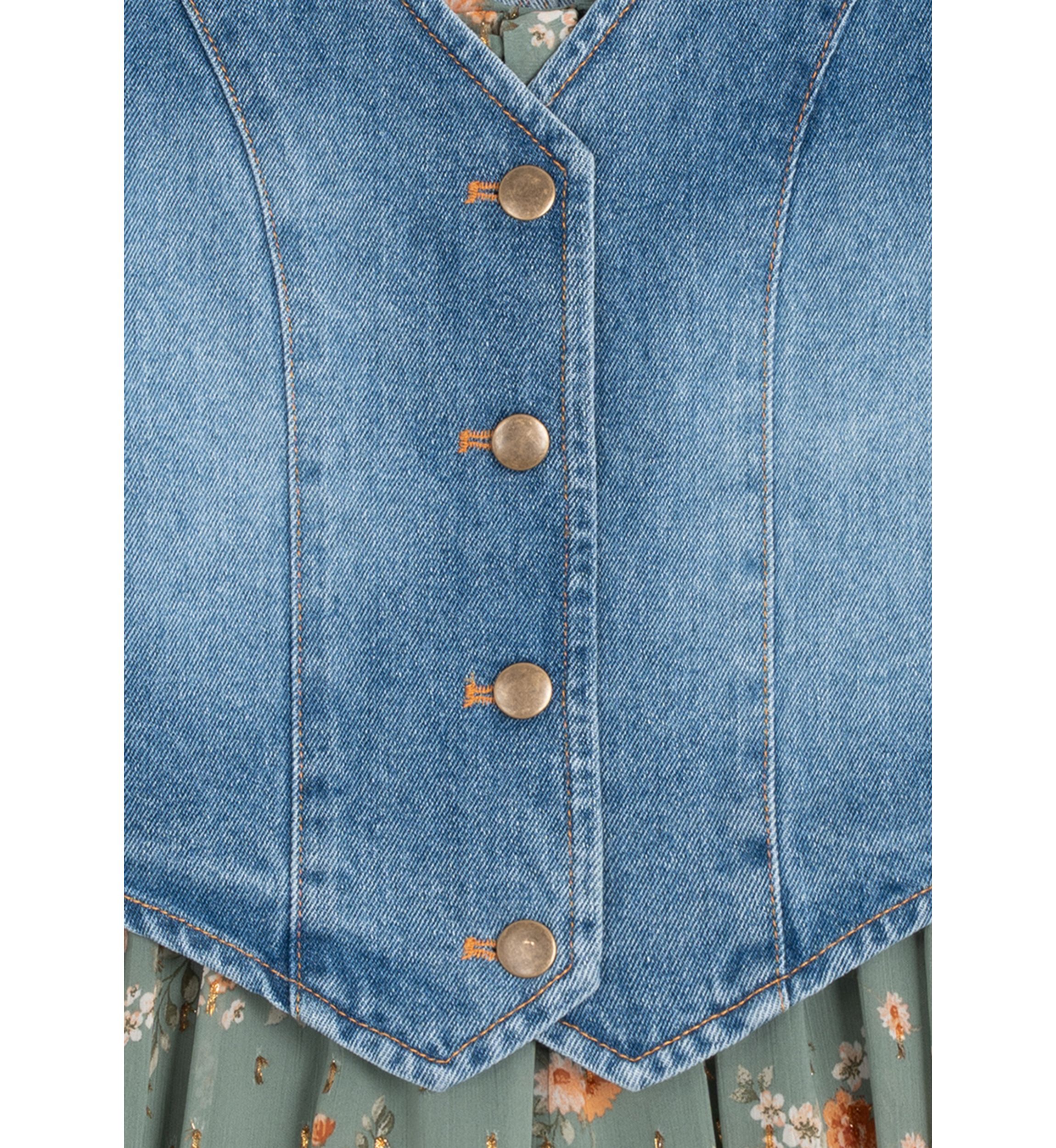 Girls 7-16 Printed Puff Sleeve Dress and Denim Vest Set 