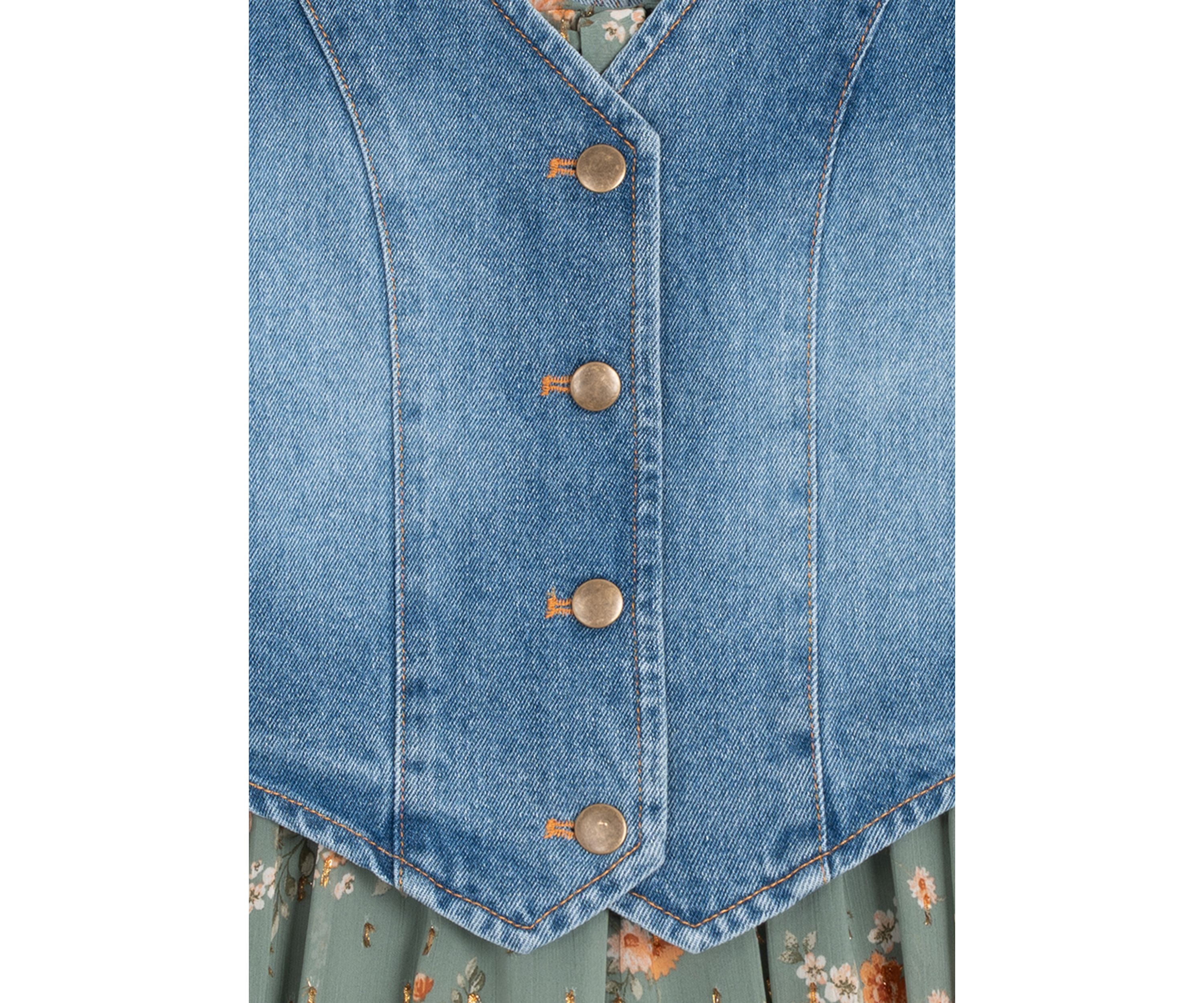 Girls 7-16 Printed Puff Sleeve Dress and Denim Vest Set 