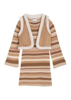 Rare Editions Girls 7-16 Striped Sweater Dress and Vest Set, Tan