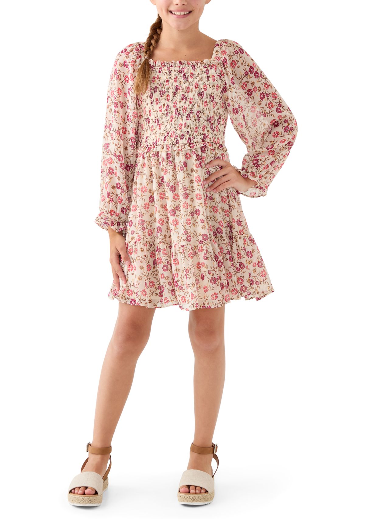 Girls 7-16 Smocked Floral Chiffon Dress