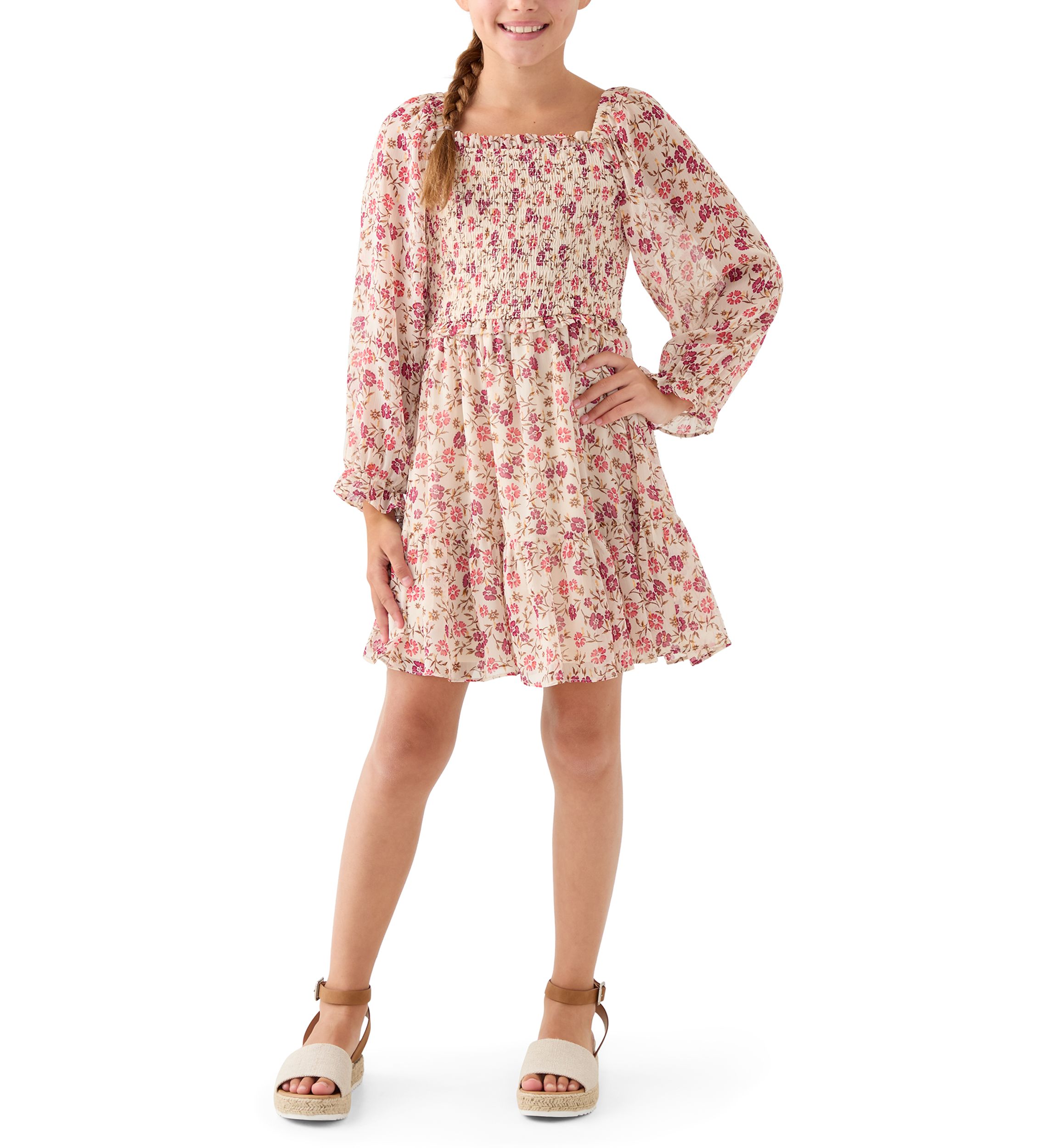 Girls 7-16 Smocked Floral Chiffon Dress
