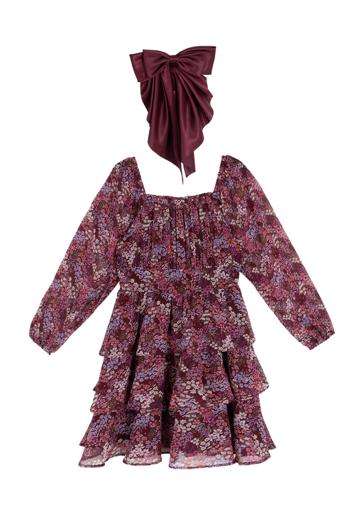 Girls 7-16 Floral Tiered Chiffon Dress with Bow