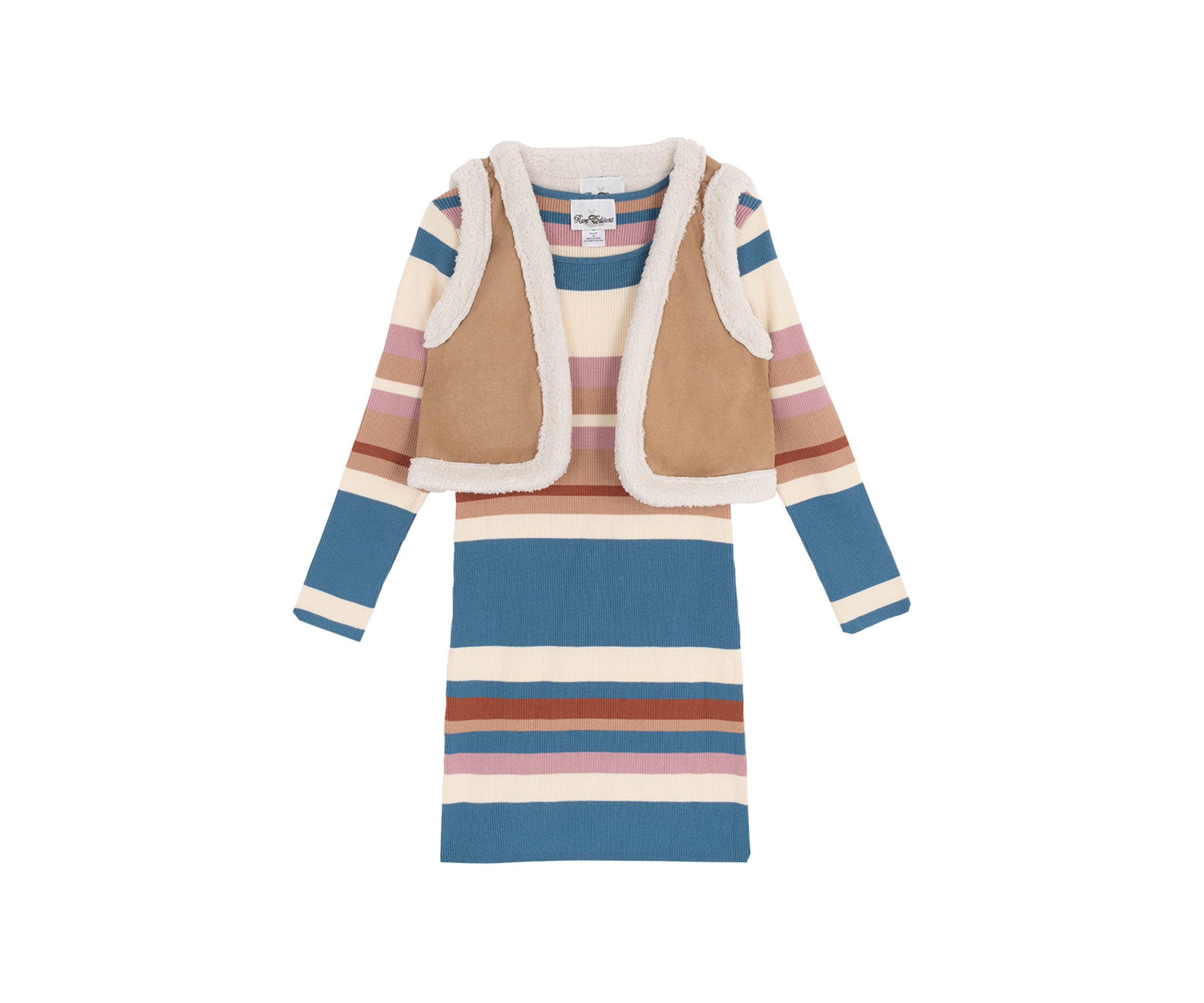 Girls 7-16 Long Sleeve Striped Sweater Dress and Vest Set 