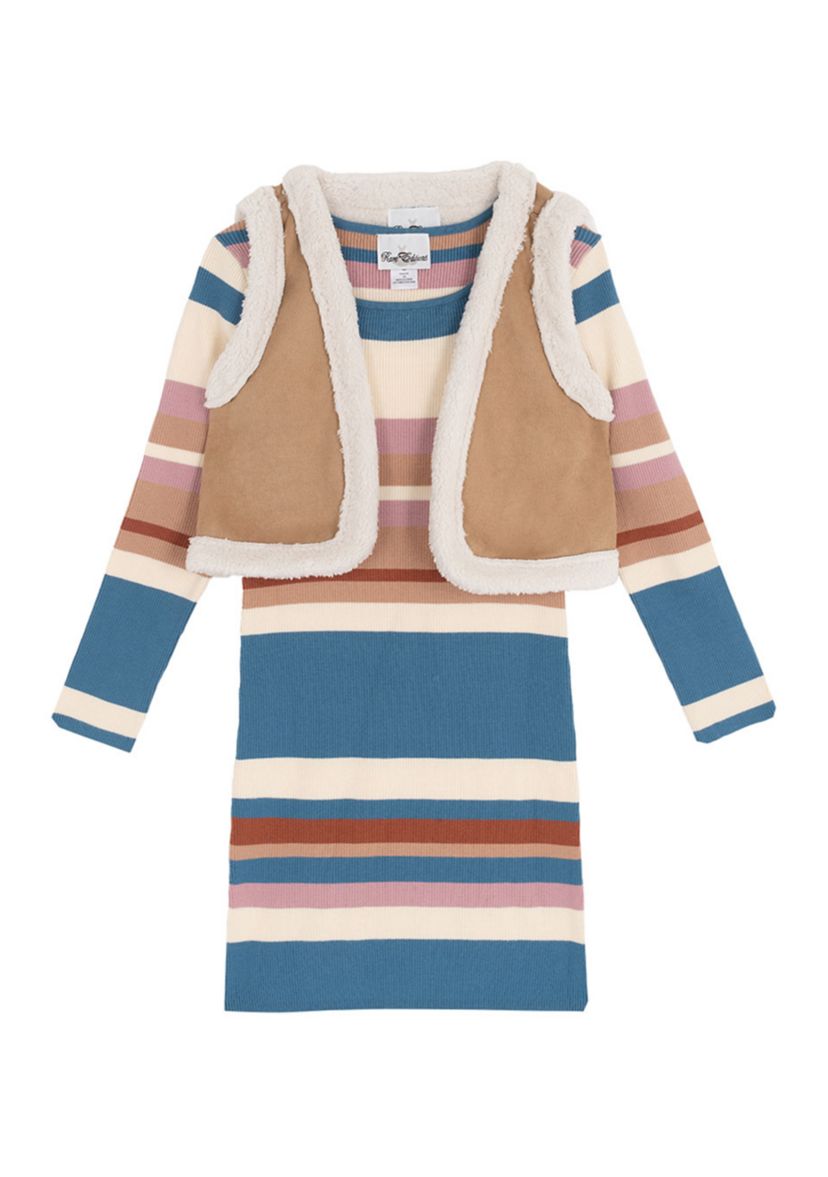 Girls 7-16 Long Sleeve Striped Sweater Dress and Vest Set 