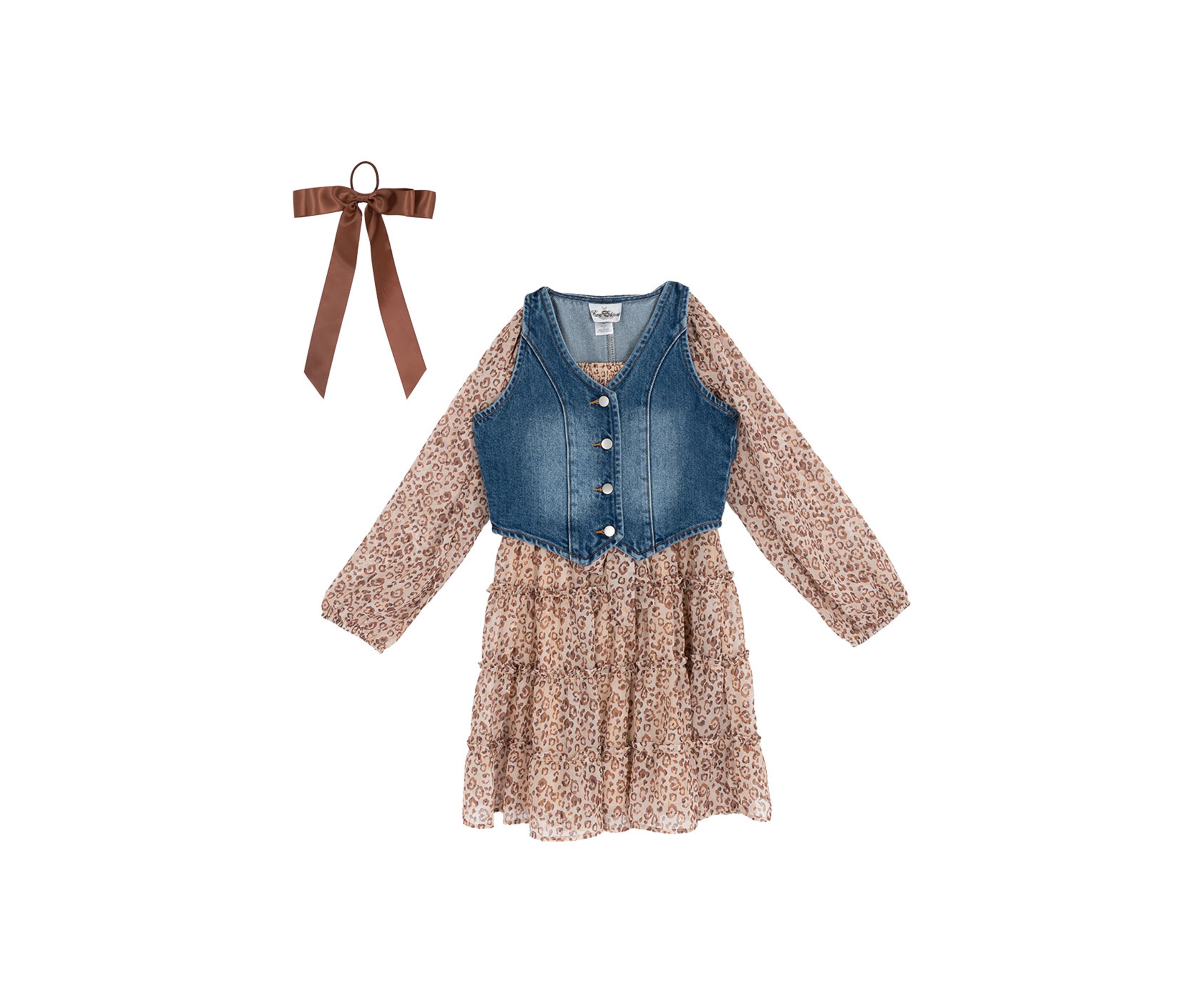 Girls 7-16 Floral Chiffon Dress with Denim Vest 