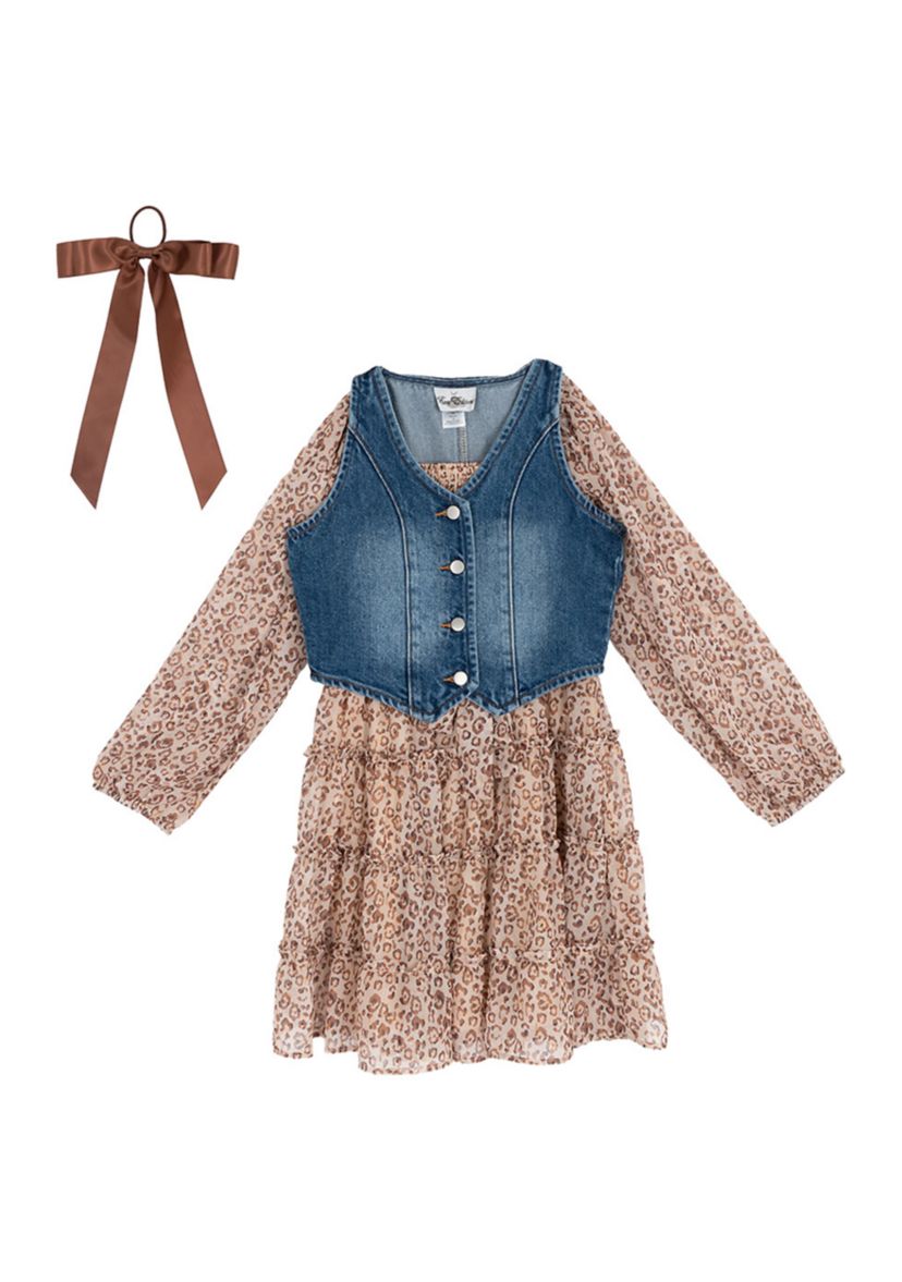 Girls 7-16 Floral Chiffon Dress with Denim Vest 