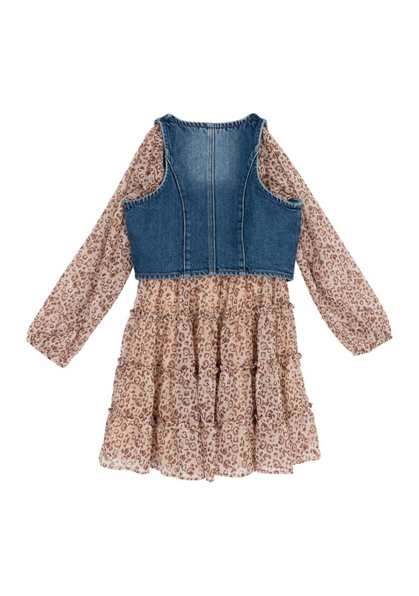 Girls 7-16 Floral Chiffon Dress with Denim Vest 