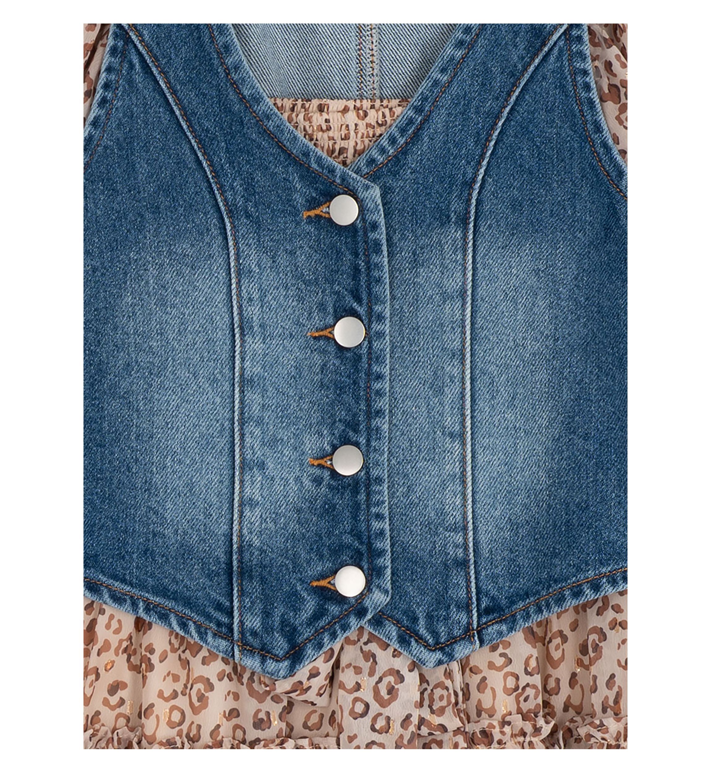 Girls 7-16 Floral Chiffon Dress with Denim Vest 