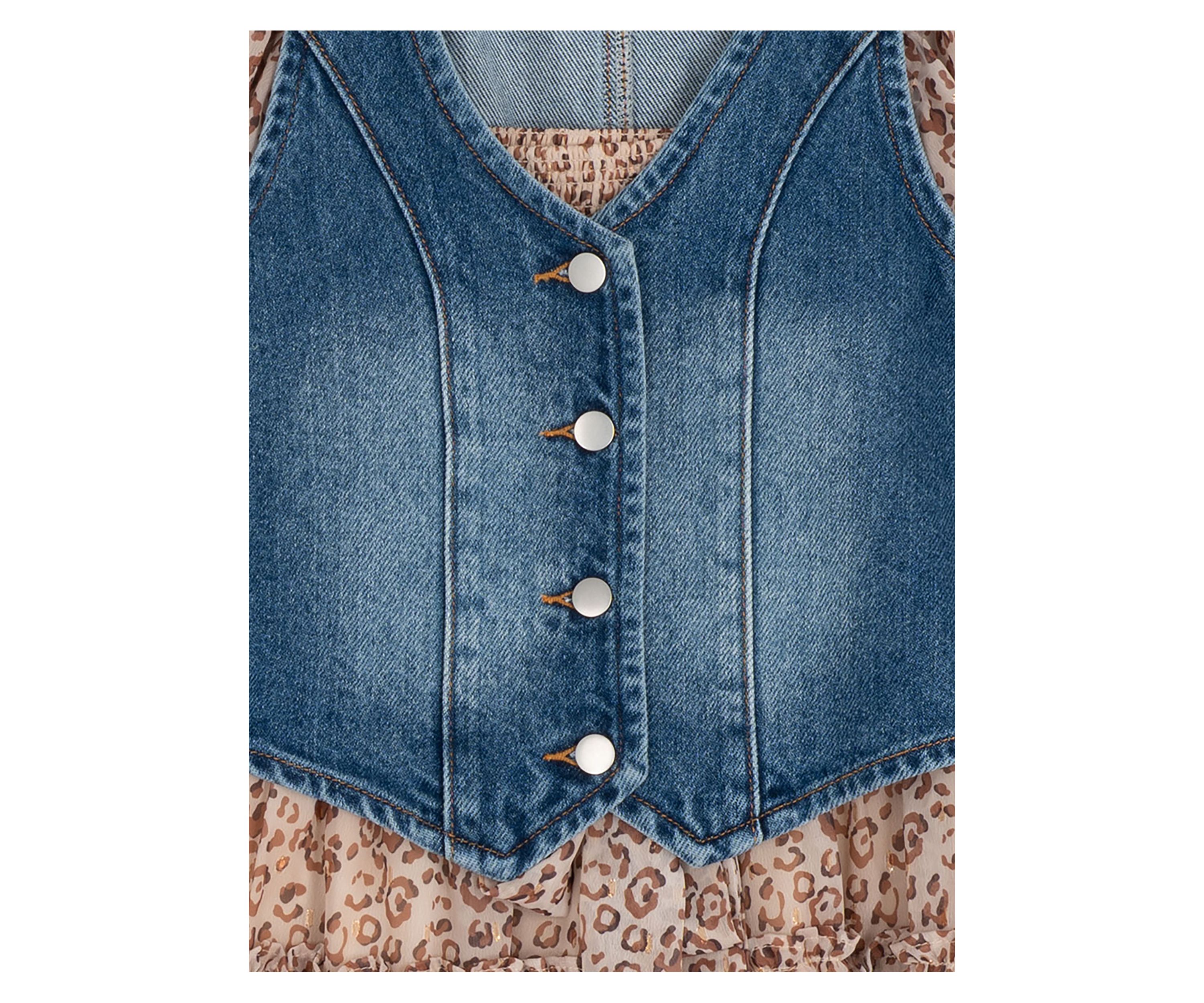 Girls 7-16 Floral Chiffon Dress with Denim Vest 