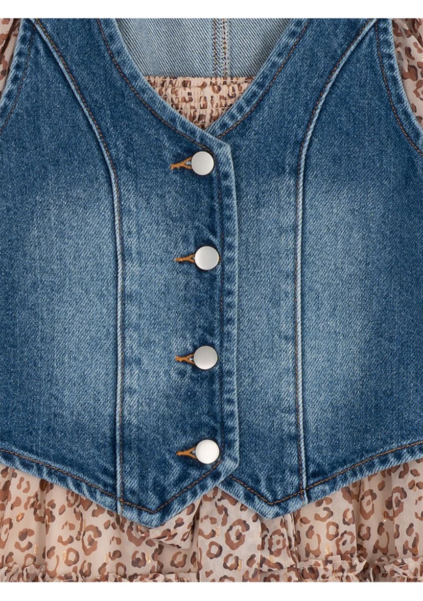 Girls 7-16 Floral Chiffon Dress with Denim Vest 