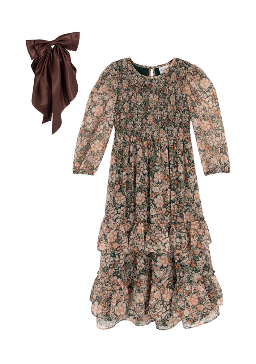 Girls 7-16 Printed Chiffon Dress and Bow Set