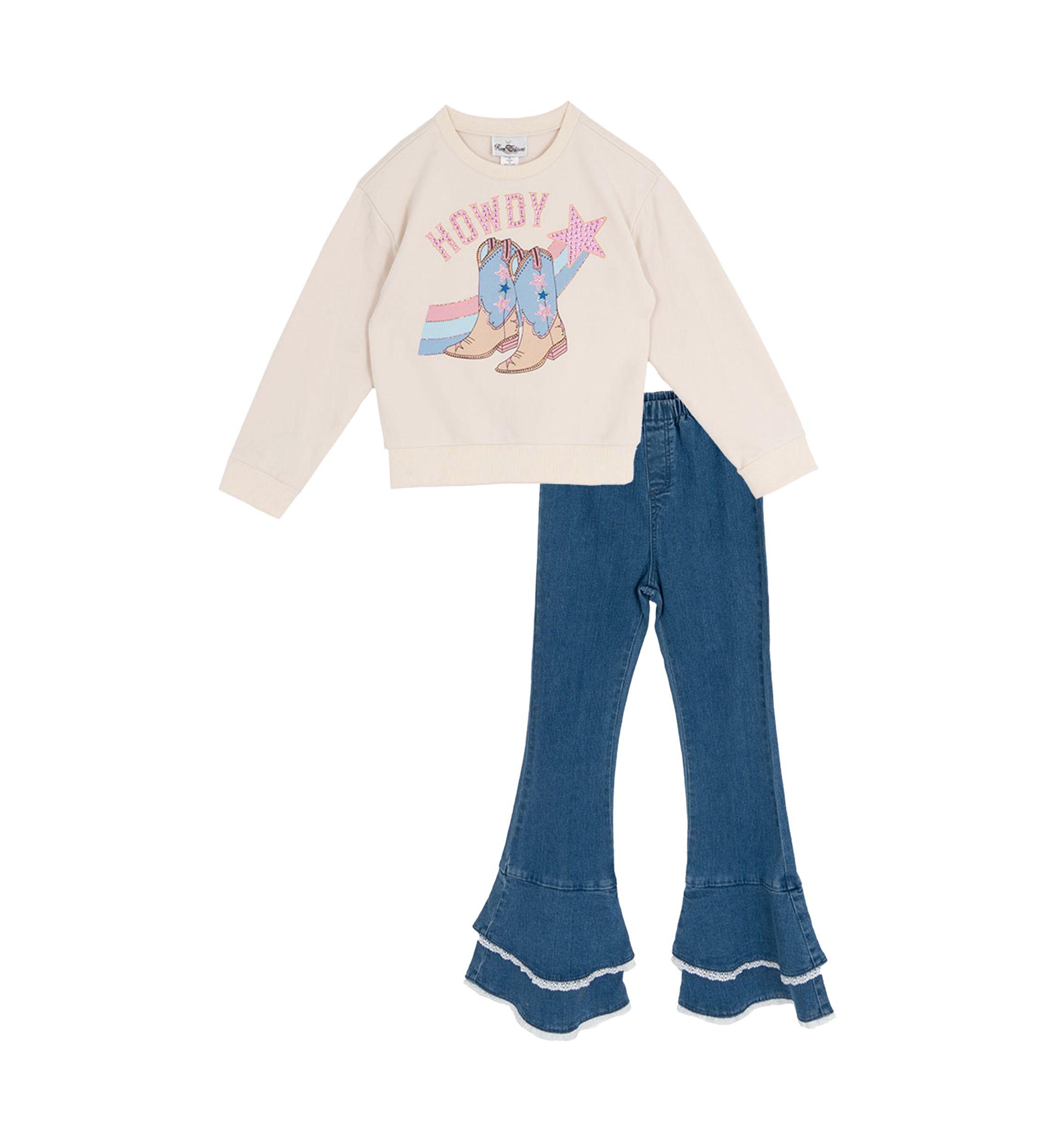 Girls 7-16 Howdy Graphic Ruffle Sweatshirt and Denim Bell Bottoms Set 
