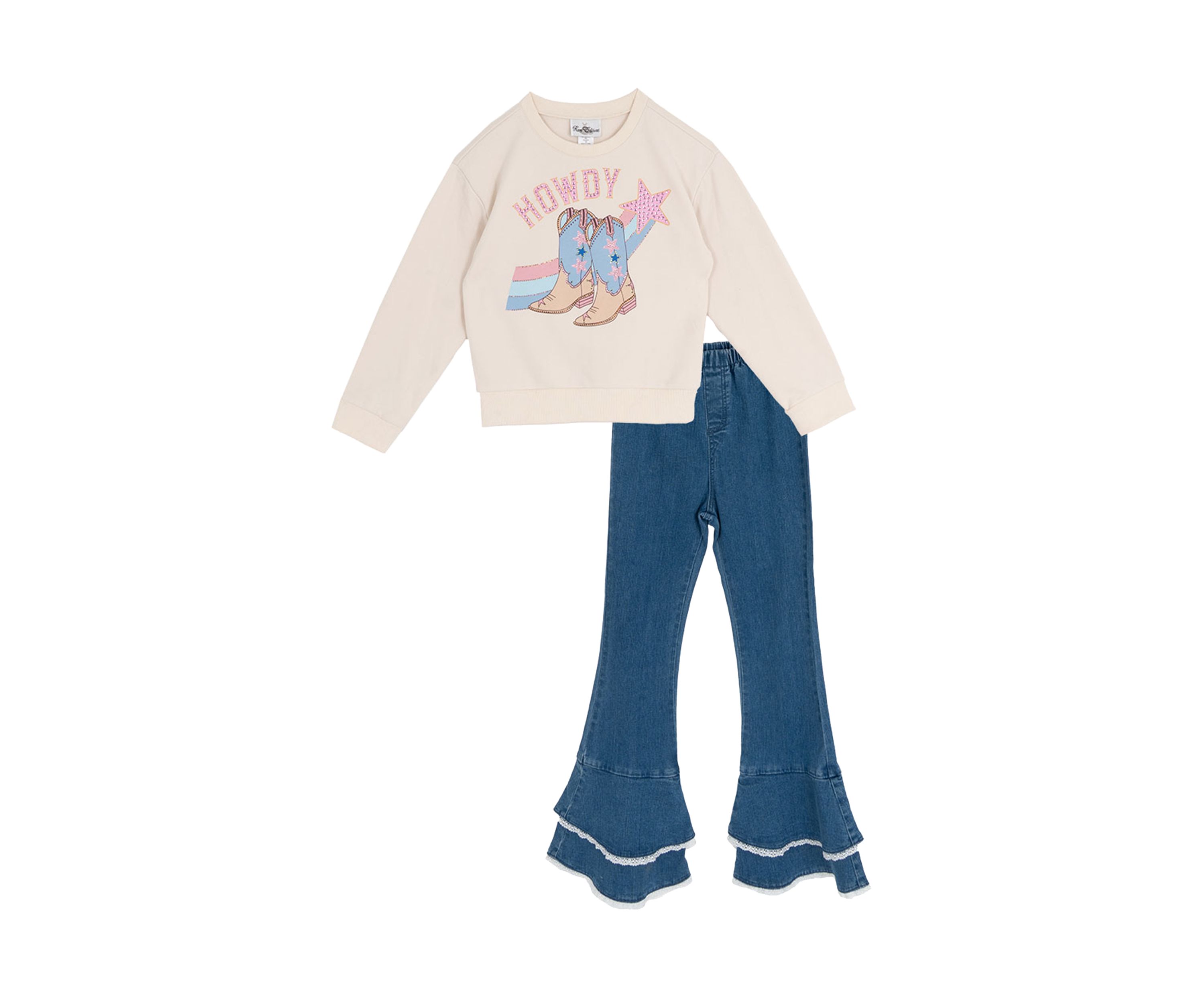 Girls 7-16 Howdy Graphic Ruffle Sweatshirt and Denim Bell Bottoms Set 
