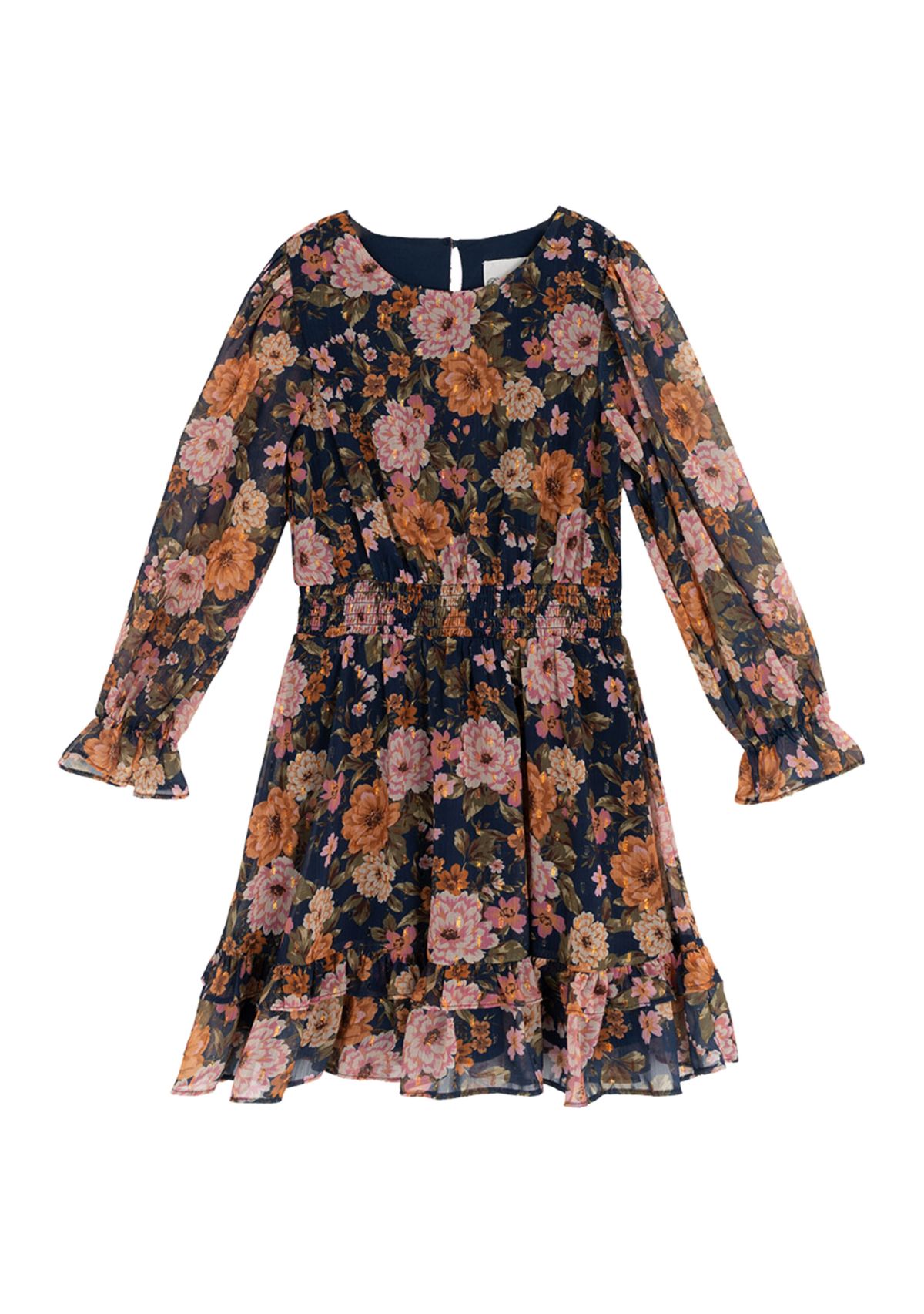 Girls 7-16 Blouson Sleeve Dark Floral Chiffon Dress