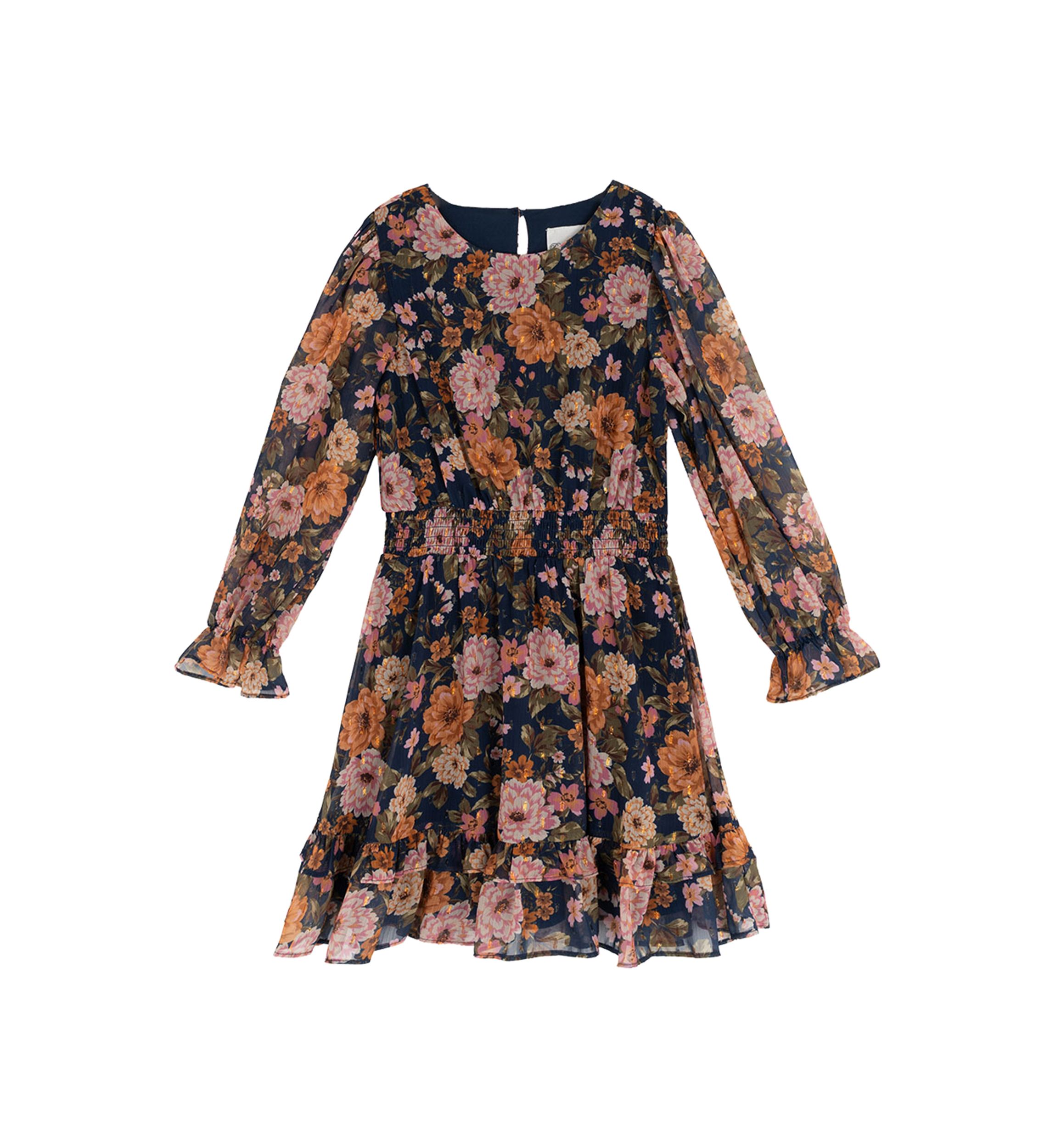 Girls 7-16 Blouson Sleeve Dark Floral Chiffon Dress