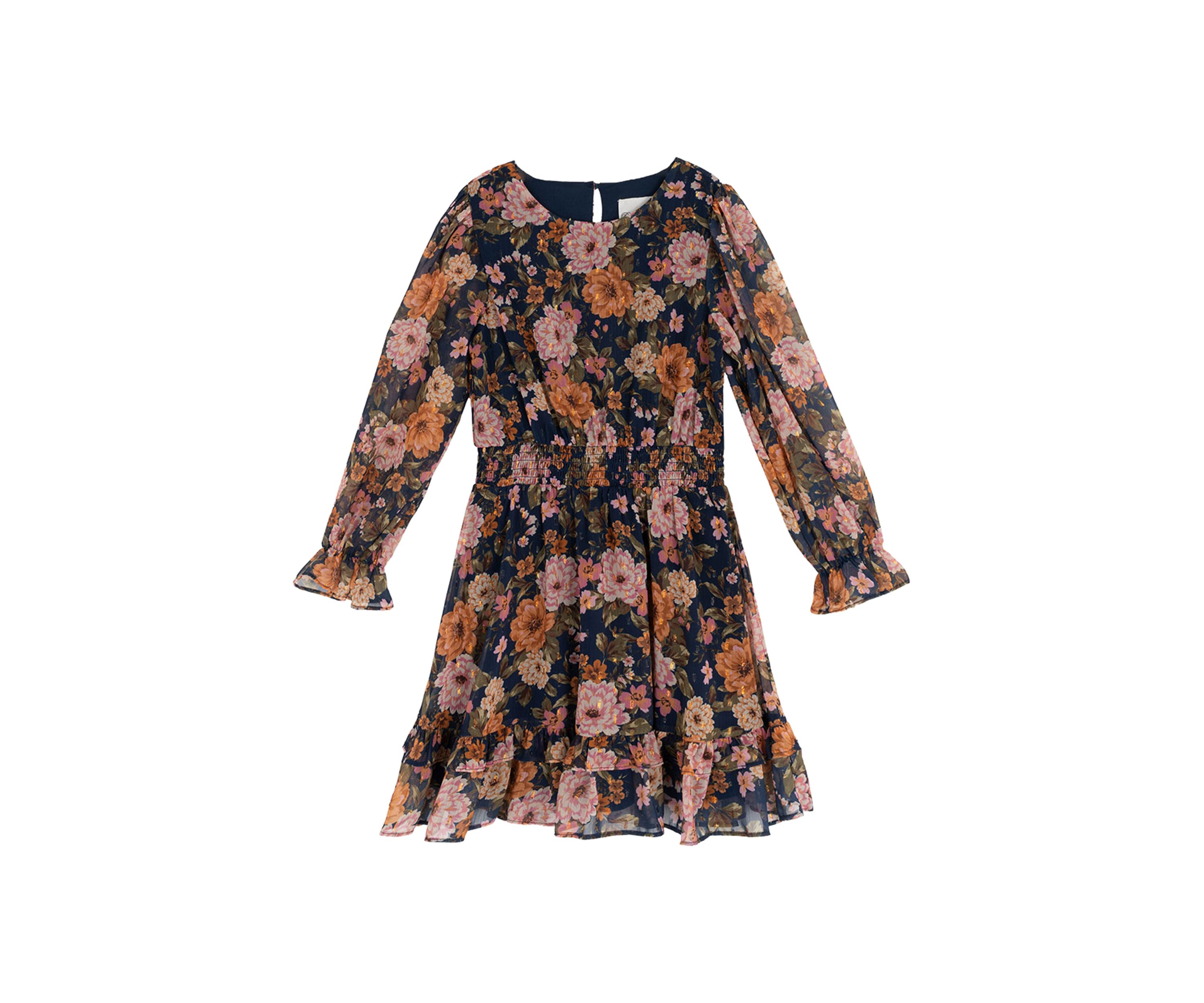 Girls 7-16 Blouson Sleeve Dark Floral Chiffon Dress
