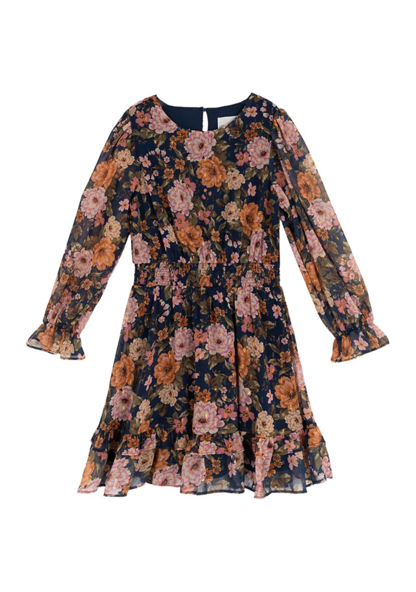 Girls 7-16 Blouson Sleeve Dark Floral Chiffon Dress
