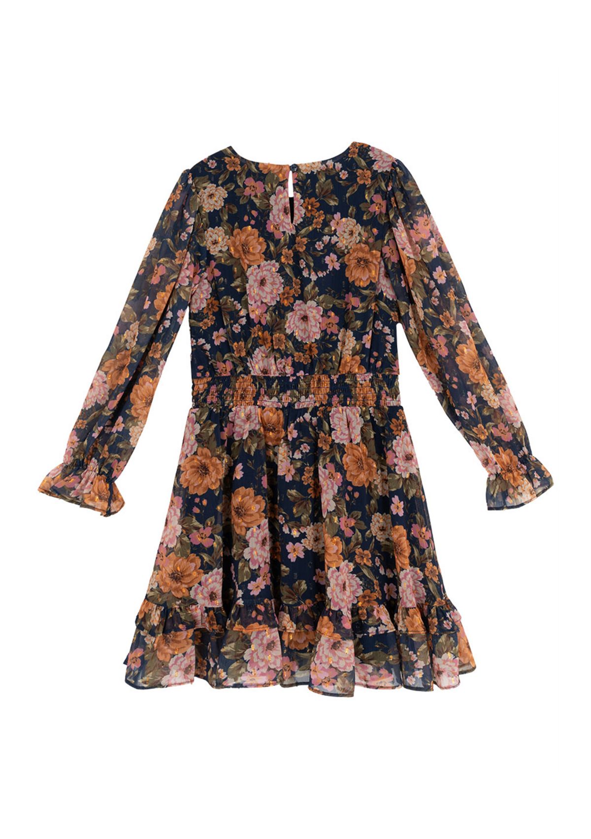Girls 7-16 Blouson Sleeve Dark Floral Chiffon Dress