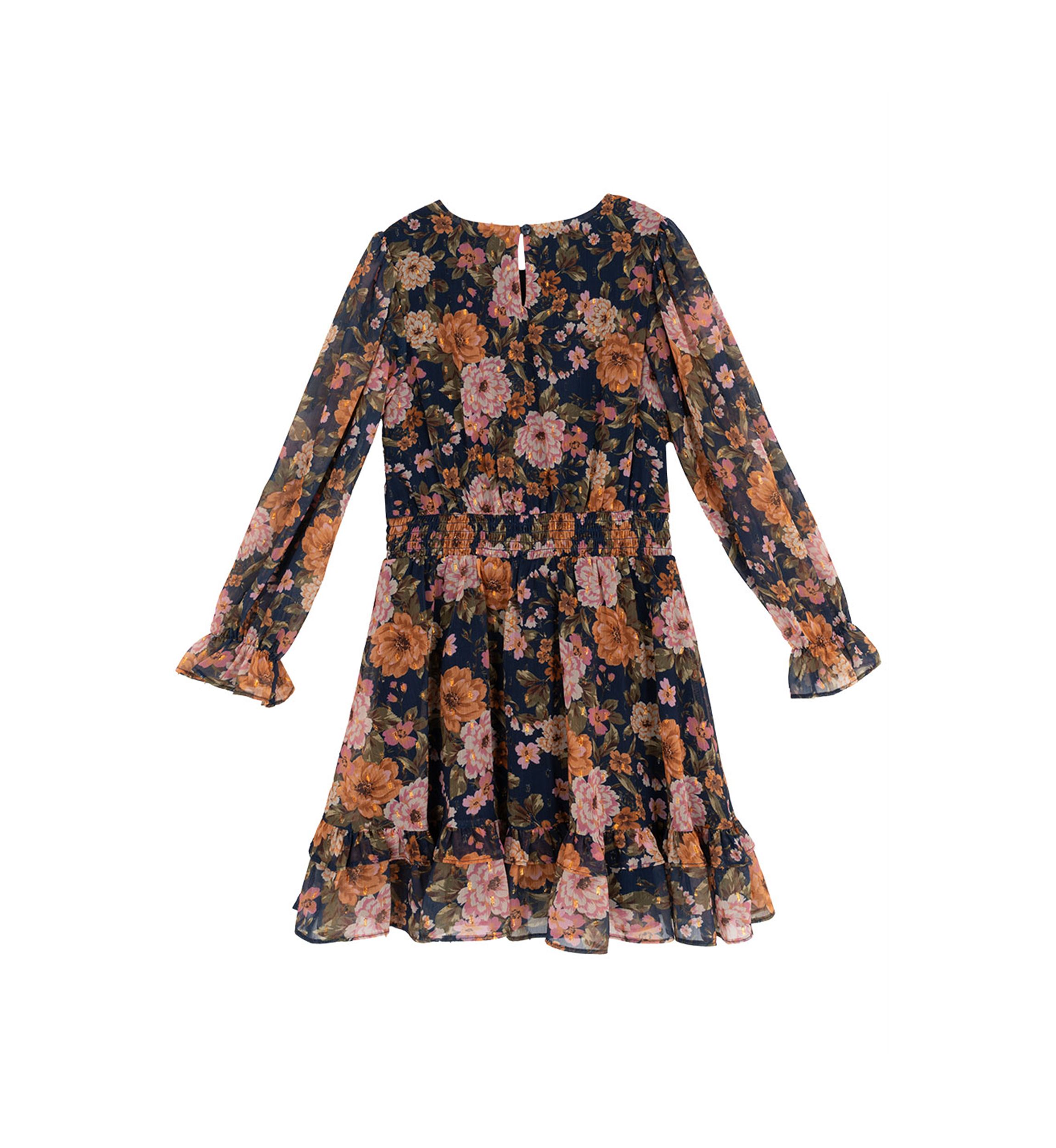 Girls 7-16 Blouson Sleeve Dark Floral Chiffon Dress