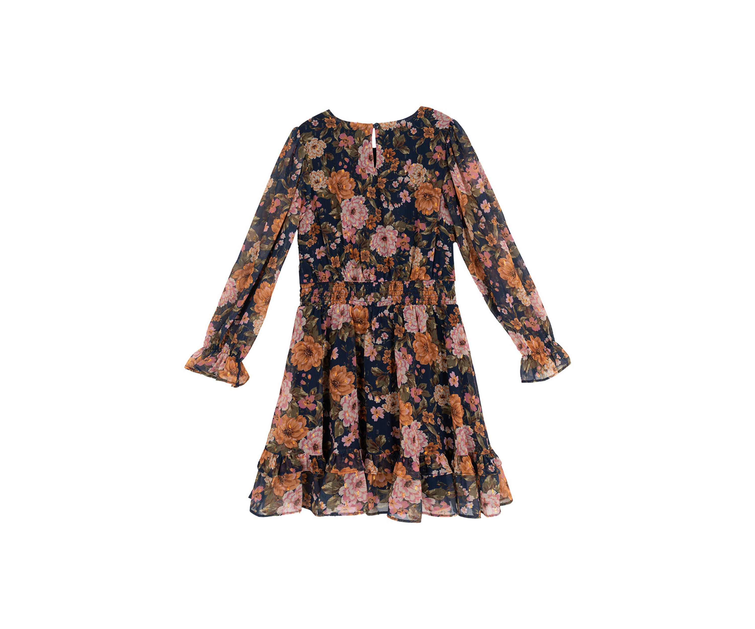Girls 7-16 Blouson Sleeve Dark Floral Chiffon Dress