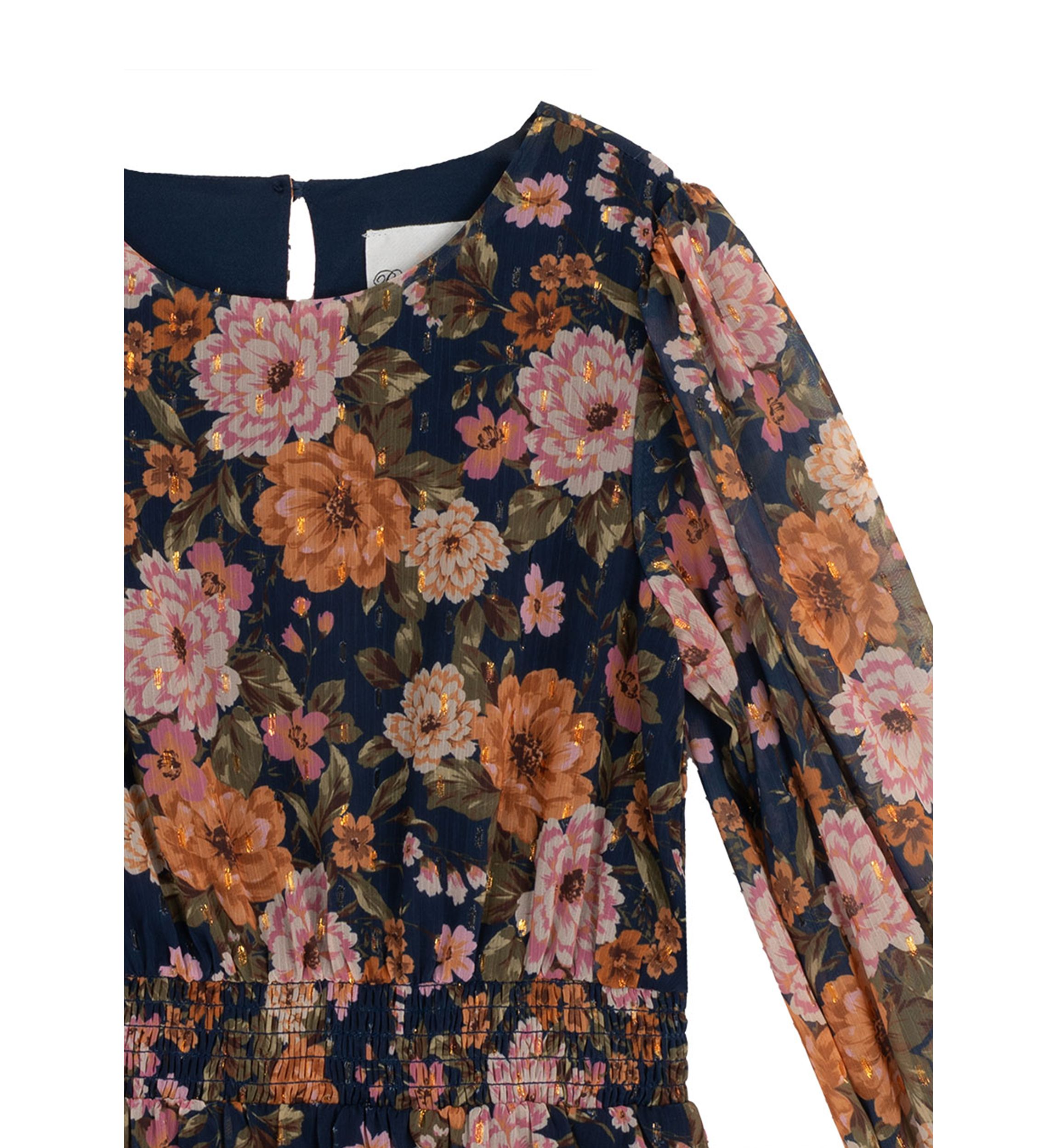 Girls 7-16 Blouson Sleeve Dark Floral Chiffon Dress