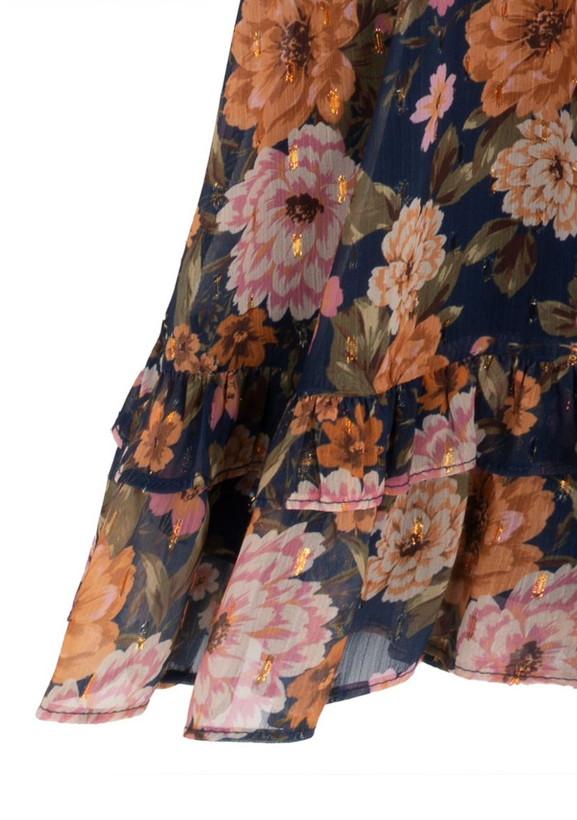 Girls 7-16 Blouson Sleeve Dark Floral Chiffon Dress