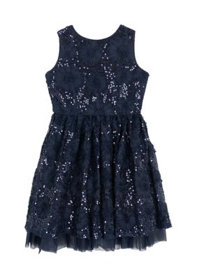 Counting Daisies Girls 7-16 Sequin Floral Dress, Navy Blue, 14